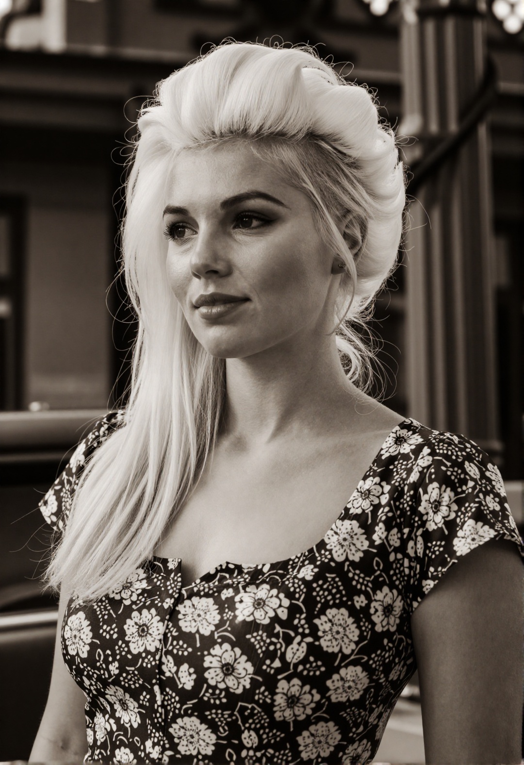 a black and white photograph.,  showcasing a woman with a long blonde highlighted mohawk.,  she got a subtle smile on Tens...