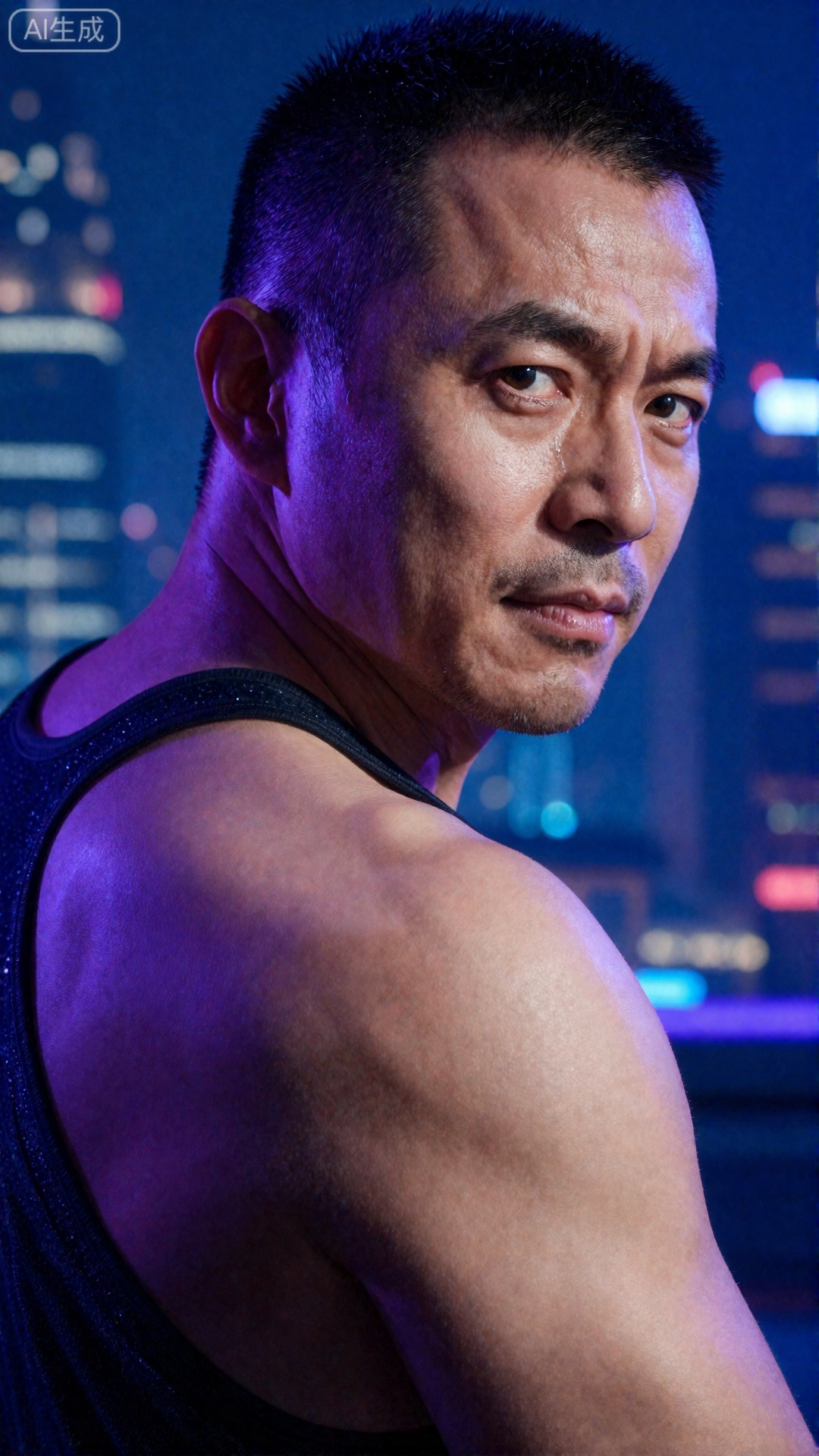 一个中年男人,有一张硬朗、阳刚的脸和整洁的短发。他赤膊上阵,肌肉被脂肪覆盖,但身体紧绷,肌肉线条有力,置身于迷幻的蓝色与紫色霓虹灯光中,他正回眸凝视镜头,眼神充满故事感,他身着带有亮片的黑色吊带背心,脸上的汗滴被风吹起,背景是虚化的都市夜景与闪烁的灯光,摄影,照片级真实,人像模式,焦距85mm,光圈f/1.4,ISO 400,背景光斑如奶油般化开,极致细节,4K壁纸,电影感光影,nsjs