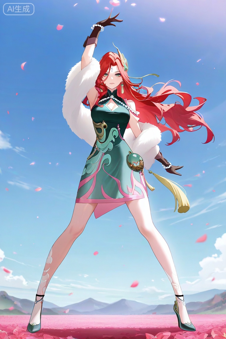 anime screencap,anime coloring,masterpiece,best quality,very aesthetic,amazing quality,best illumination,newest,perfect anatomy, ,looking at viewer,fmly ,1girl,solo,red hair,green eyes,eyeshadow,long hair,forehead mark,jewelry,earrings,hair ornament,breasts,cleavage,beads,green dress,chinese clothes,clothing cutout,cleavage cutout,white fur shawl,jade pendant,tassel,see-through ribbon,gloves,black gloves,pearl bracelet,Jade high heels,leg pattern,sky,petals,,day,,random pose, dynamic pose,sexy pose,full body