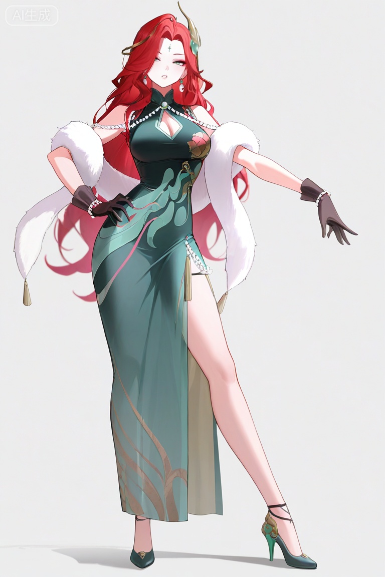 masterpiece,highres,absurdres,32K UHD,newest,4k,8k, ,sharp focus,crisp edges,smooth,depth of field,safe,,best quality,ultra-high resolution,
fmly ,1girl,solo,large breast ,red hair,green eyes,eyeshadow,long hair,forehead mark,jewelry,earrings,hair ornament,breasts,cleavage,beads,green dress,chinese clothes,clothing cutout,cleavage cutout,white fur shawl,jade pendant,see-through ribbon,gloves,black gloves,pearl bracelet,Jade high heels,leg pattern,full body,standing,white background,hand on hip,seductive pose,sexy pose,seductive ,torogao,pose



