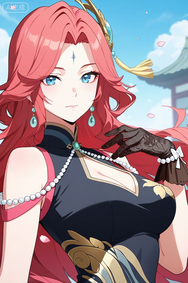 2d,anime coloring,anime style,1girl, solo, long hair, looking at viewer, blue eyes, hair ornament, bare shoulders, jewelry, closed mouth, pink hair, red hair, earrings, facial mark, , forehead mark,anime,perky breasts,hand up,upper body,black lace gloves,china dress,cleavage ,sky,petals,bow gloves,day,beads