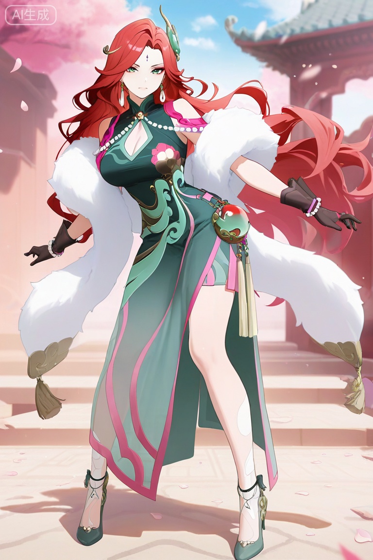 anime screencap,anime coloring,masterpiece,best quality,very aesthetic,amazing quality,best illumination,newest,perfect anatomy, ,looking at viewer,fmly ,1girl,solo,red hair,green eyes,eyeshadow,long hair,forehead mark,jewelry,earrings,hair ornament,breasts,cleavage,beads,green dress,chinese clothes,clothing cutout,cleavage cutout,white fur shawl,jade pendant,tassel,see-through ribbon,gloves,black gloves,pearl bracelet,Jade high heels,leg pattern,sky,petals,,day,,random pose, dynamic pose,sexy pose,full body