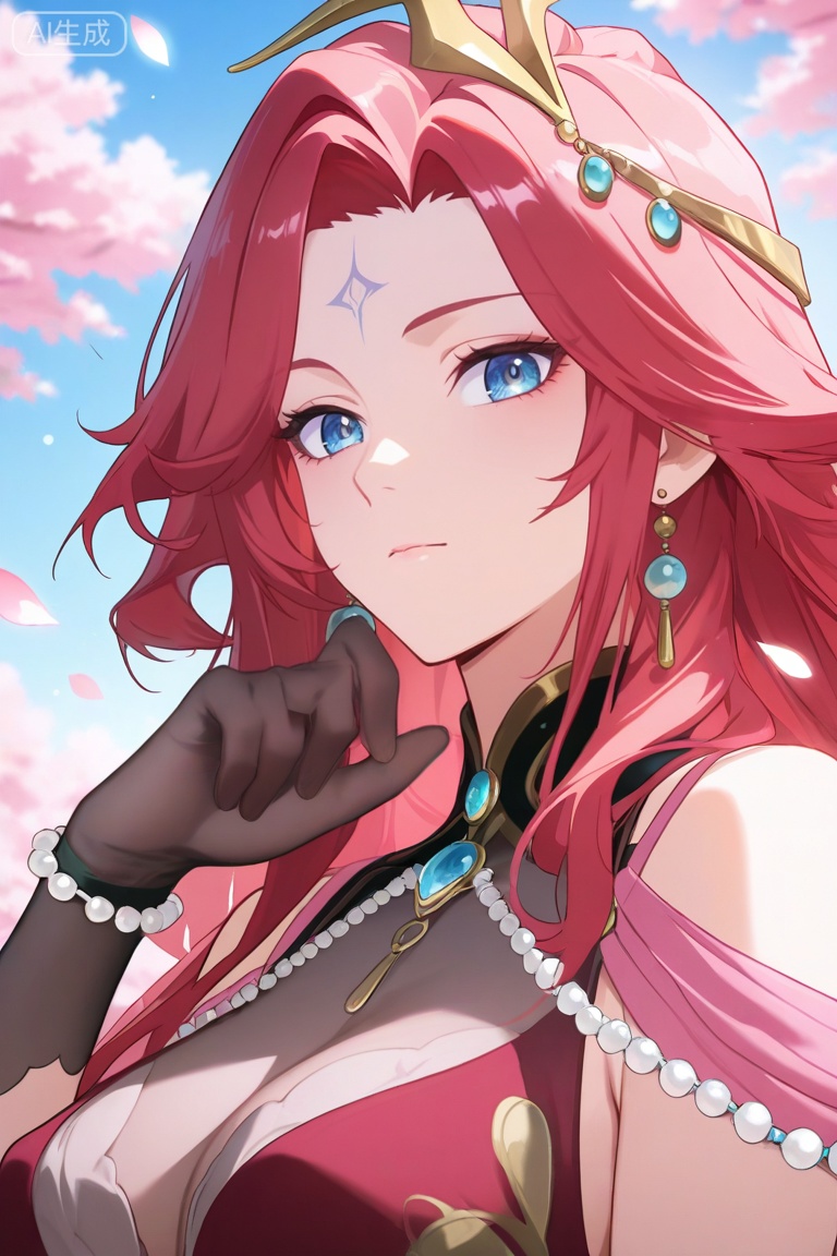 2d,anime coloring,anime style,1girl, solo, long hair, looking at viewer, blue eyes, hair ornament, bare shoulders, jewelry, closed mouth, pink hair, red hair, earrings, facial mark, , forehead mark,anime,perky breasts,hand up,upper body,black gloves,see-through gloves ,bra,cleavage ,sky,petals,,day,beads