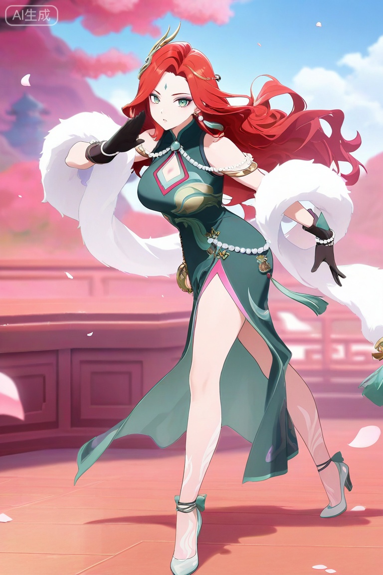 anime screencap,anime coloring,masterpiece,best quality,very aesthetic,amazing quality,best illumination,newest,perfect anatomy, ,looking at viewer,fmly ,1girl,solo,red hair,green eyes,eyeshadow,long hair,forehead mark,jewelry,earrings,hair ornament,breasts,cleavage,beads,green dress,chinese clothes,clothing cutout,cleavage cutout,white fur shawl,jade pendant,tassel,see-through ribbon,gloves,black gloves,pearl bracelet,Jade high heels,leg pattern,sky,petals,,day,,random pose, dynamic pose,sexy pose,full body