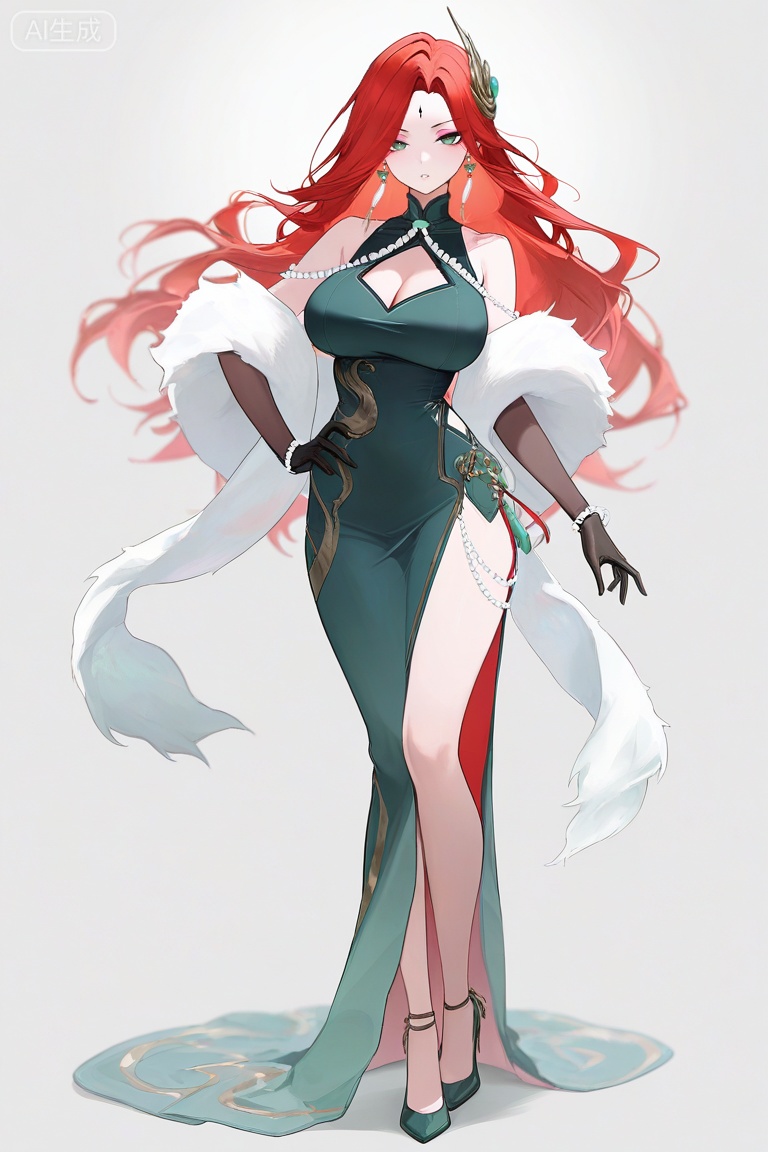 masterpiece,highres,absurdres,32K UHD,newest,4k,8k, ,sharp focus,crisp edges,smooth,depth of field,safe,,best quality,ultra-high resolution,
fmly ,1girl,solo,large breast ,red hair,green eyes,eyeshadow,long hair,forehead mark,jewelry,earrings,hair ornament,breasts,cleavage,beads,green dress,chinese clothes,clothing cutout,cleavage cutout,white fur shawl,jade pendant,see-through ribbon,gloves,black gloves,pearl bracelet,Jade high heels,leg pattern,full body,standing,white background,hand on hip,seductive pose,sexy pose,seductive ,torogao,pose



