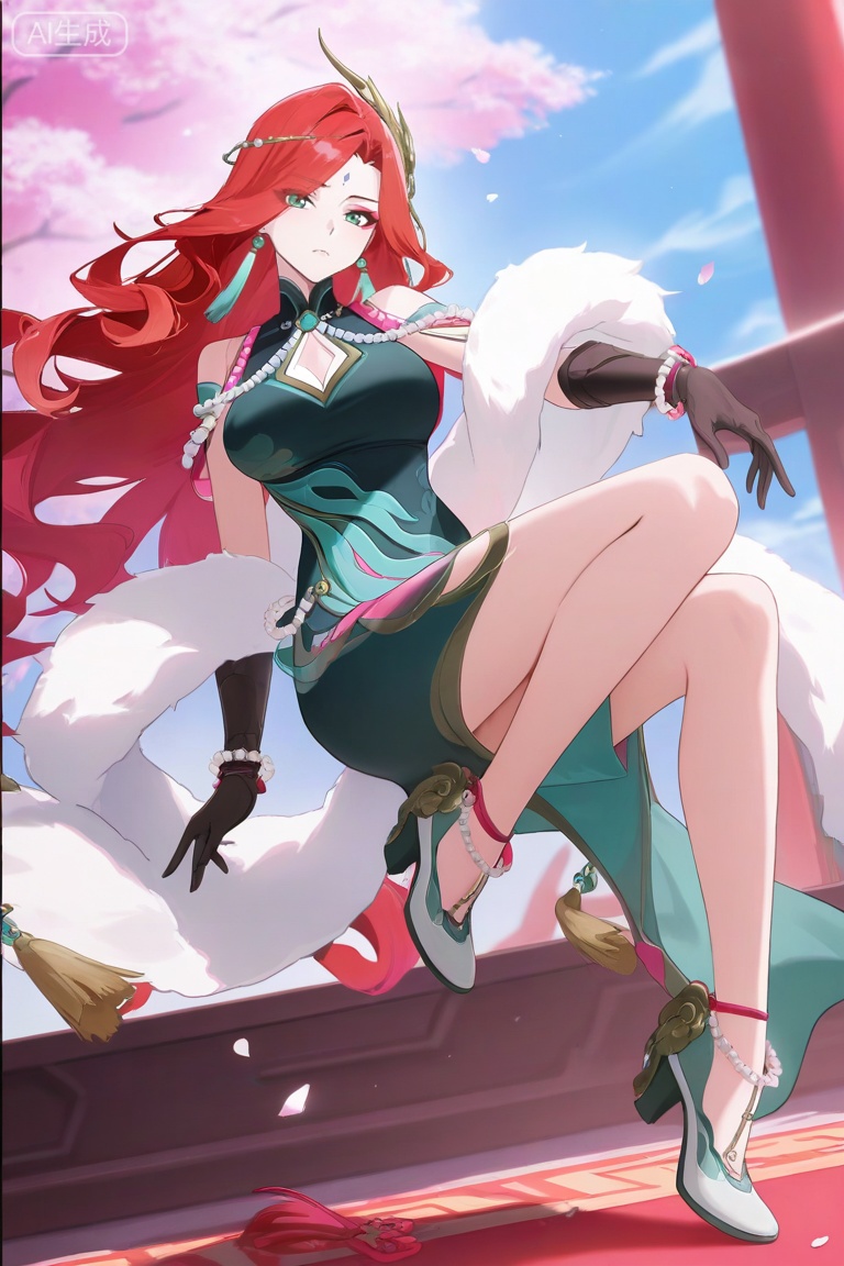 anime screencap,anime coloring,masterpiece,best quality,very aesthetic,amazing quality,best illumination,newest,perfect anatomy, ,looking at viewer,fmly ,1girl,solo,red hair,green eyes,eyeshadow,long hair,forehead mark,jewelry,earrings,hair ornament,breasts,cleavage,beads,green dress,chinese clothes,clothing cutout,cleavage cutout,white fur shawl,jade pendant,tassel,see-through ribbon,gloves,black gloves,pearl bracelet,Jade high heels,leg pattern,sky,petals,,day,,random pose, dynamic pose,sexy pose,full body