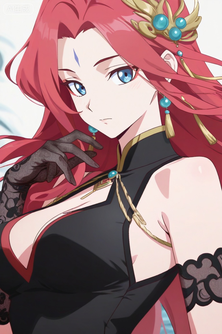 2d,anime coloring,anime style,1girl, solo, long hair, looking at viewer, blue eyes, hair ornament, bare shoulders, jewelry, closed mouth, pink hair, red hair, earrings, facial mark, , forehead mark,anime,perky breasts,hand up,upper body,black lace gloves,china dress,cleavage 
