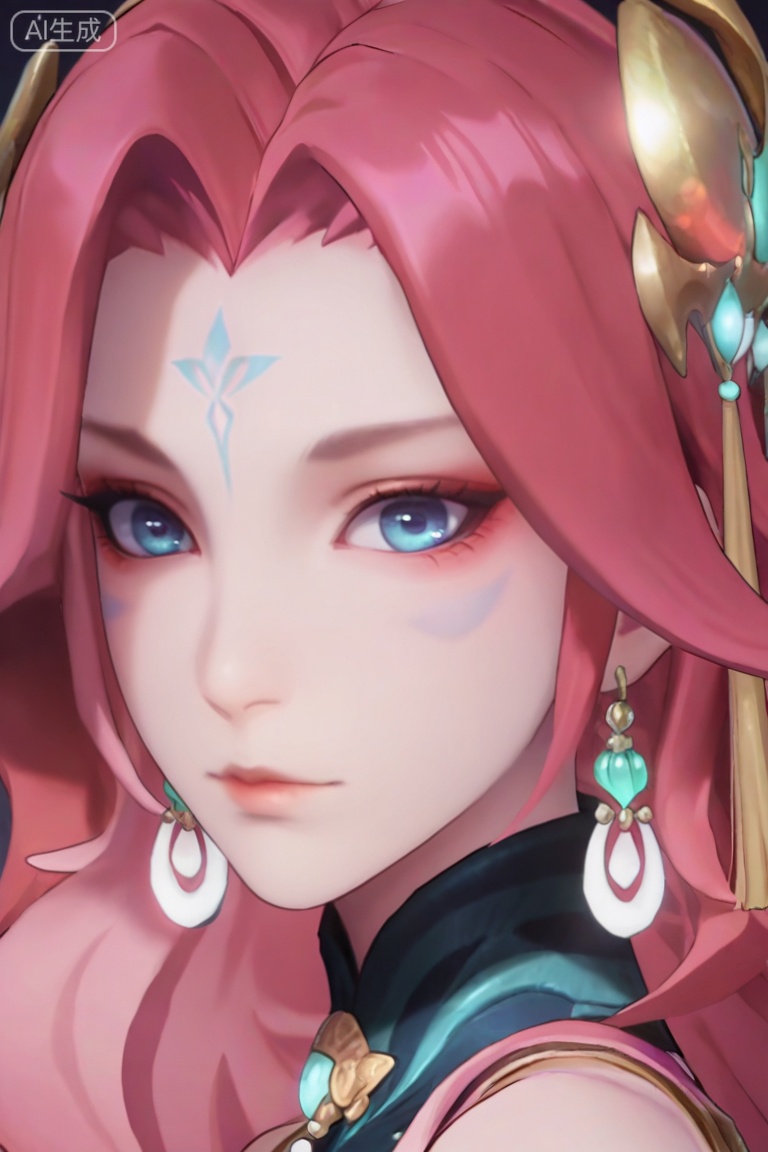 1girl, solo, long hair, looking at viewer, blue eyes, hair ornament, bare shoulders, jewelry, closed mouth, pink hair, red hair, earrings, facial mark, portrait, forehead mark,anime