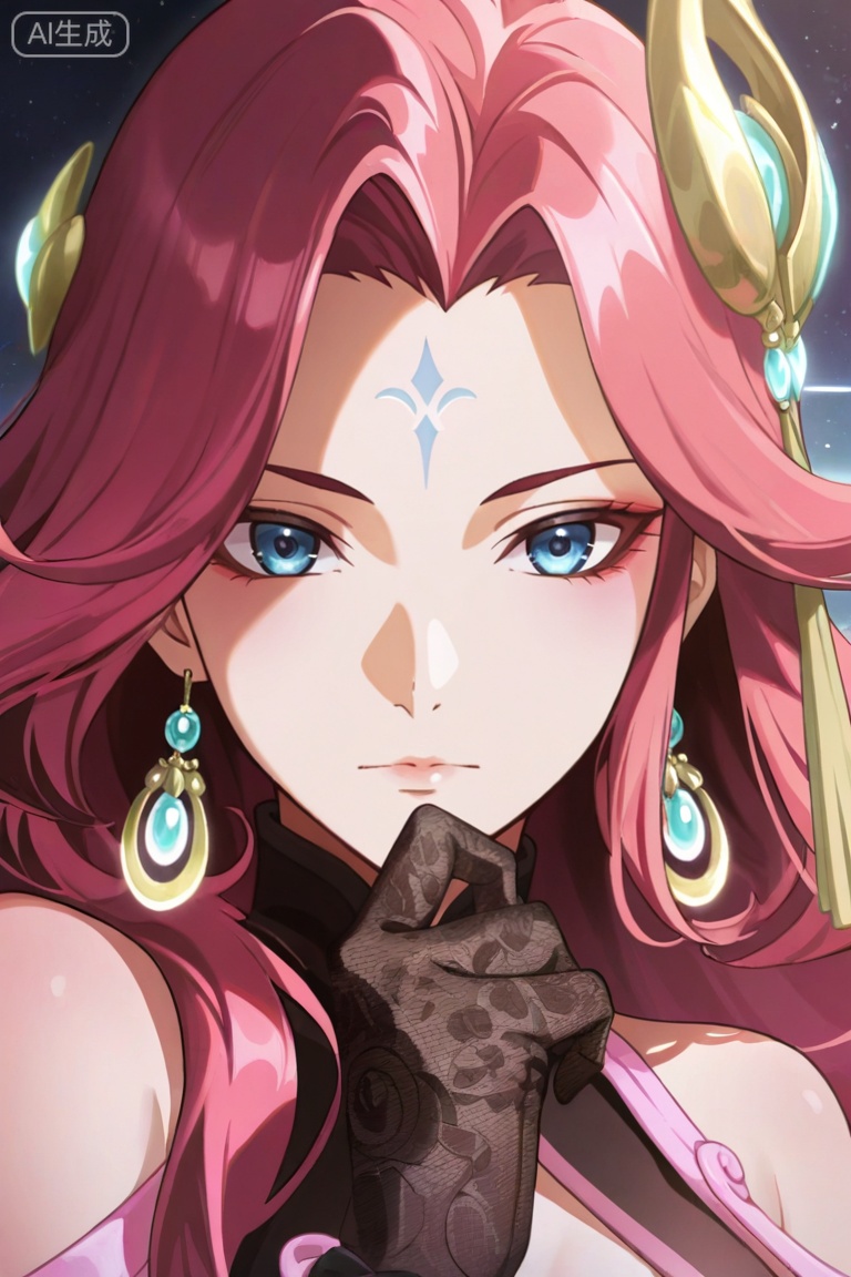 2d,anime coloring,anime style,1girl, solo, long hair, looking at viewer, blue eyes, hair ornament, bare shoulders, jewelry, closed mouth, pink hair, red hair, earrings, facial mark, , forehead mark,anime,breasts,hand up,upper body,black lace gloves