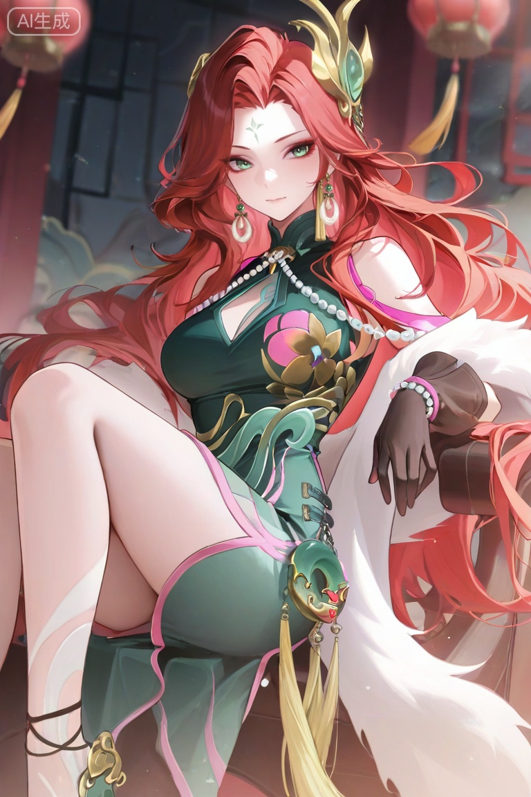 masterpiece,highres,absurdres,32K UHD,newest,4k,8k, ,sharp focus,crisp edges,smooth,depth of field,safe,,best quality,ultra-high resolution,
fmly ,1girl,solo,red hair,green eyes,eyeshadow,long hair,forehead mark,jewelry,earrings,hair ornament,breasts,cleavage,beads,green dress,chinese clothes,clothing cutout,cleavage cutout,white fur shawl,jade pendant,tassel,see-through ribbon,gloves,black gloves,pearl bracelet,Jade high heels,leg pattern