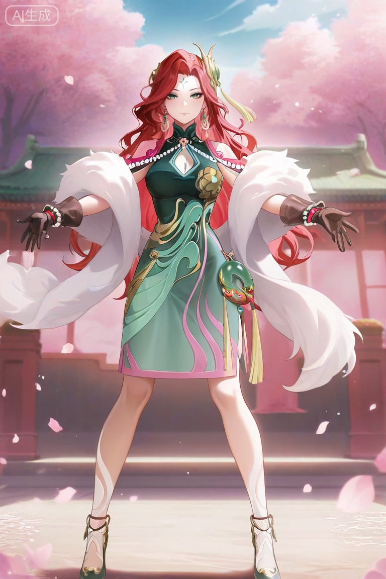 anime screencap,anime coloring,masterpiece,best quality,very aesthetic,amazing quality,best illumination,newest,perfect anatomy, ,looking at viewer,fmly ,1girl,solo,red hair,green eyes,eyeshadow,long hair,forehead mark,jewelry,earrings,hair ornament,breasts,cleavage,beads,green dress,chinese clothes,clothing cutout,cleavage cutout,white fur shawl,jade pendant,tassel,see-through ribbon,gloves,black gloves,pearl bracelet,Jade high heels,leg pattern,sky,petals,,day,,random pose, dynamic pose,sexy pose,full body