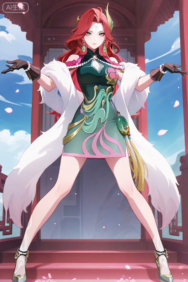 anime screencap,anime coloring,masterpiece,best quality,very aesthetic,amazing quality,best illumination,newest,perfect anatomy, ,looking at viewer,fmly ,1girl,solo,red hair,green eyes,eyeshadow,long hair,forehead mark,jewelry,earrings,hair ornament,breasts,cleavage,beads,green dress,chinese clothes,clothing cutout,cleavage cutout,white fur shawl,jade pendant,tassel,see-through ribbon,gloves,black gloves,pearl bracelet,Jade high heels,leg pattern,sky,petals,,day,,random pose, dynamic pose,sexy pose,full body