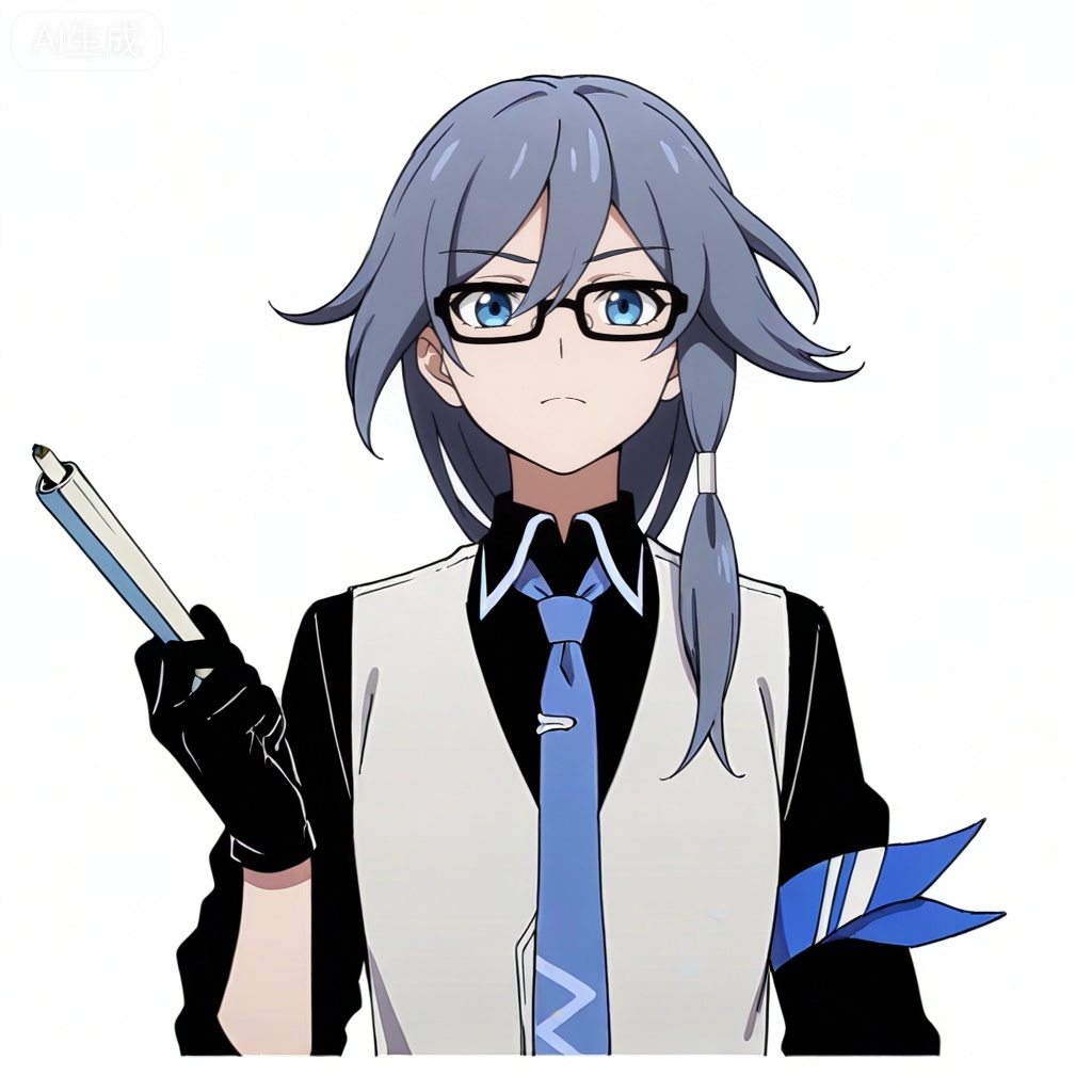 masterpiece, best quality,solo,((white background:1.2)),simple background,, 
looking at viewer,anime_style,fu_hua,blue eyes,grey hair,hair ornament,hair between eyes,blue armband,white vest,collared shirt,black pants,black footwear,black shirt,white belt,black-framed eyewear,blue necktie,necktie,eyebrows visible through hair,glasses,black gloves,bespectacled