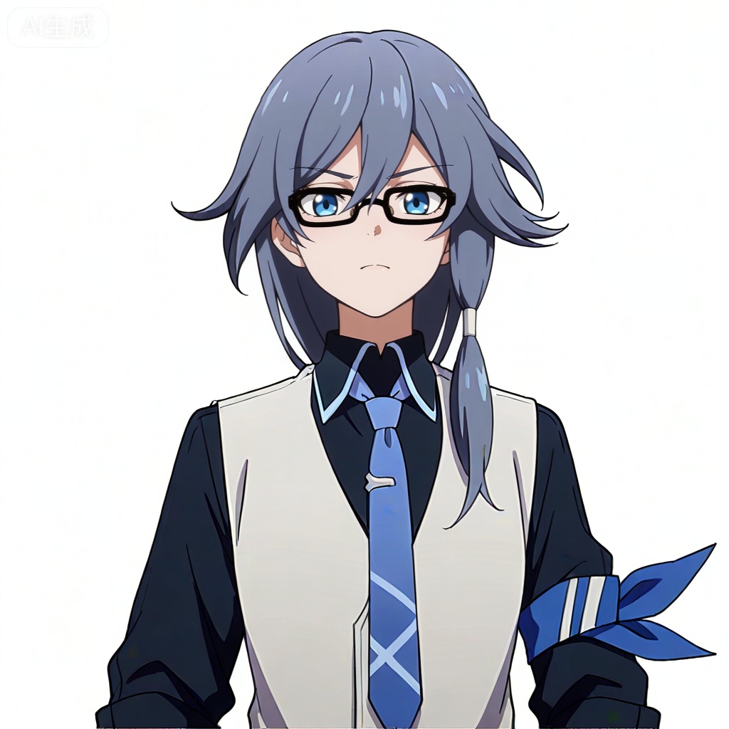 masterpiece, best quality,solo,((white background:1.2)),simple background,, 
looking at viewer,anime_style,fu_hua,blue eyes,grey hair,hair ornament,hair between eyes,blue armband,white vest,collared shirt,black pants,black footwear,black shirt,white belt,black-framed eyewear,blue necktie,necktie,eyebrows visible through hair,glasses,black gloves,bespectacled