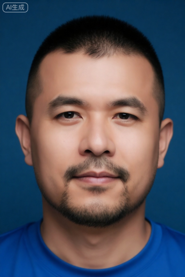 nsjs,极致细节,4K壁纸,最高质量,杰作,极致清晰,
在室内专业人像拍摄场景中,白天时分,柔和的顶光均匀洒落。一位中年男子拍摄正面人像,他留着短而整齐的板寸头,脸颊和下巴上的胡须修剪得干净利落,身着亮蓝色上衣。他头部端正朝前,背景是纯蓝色的墙面,光线清晰地勾勒出面部轮廓,整体画面简洁正式,兼具身份证照片或标准人像的质感。