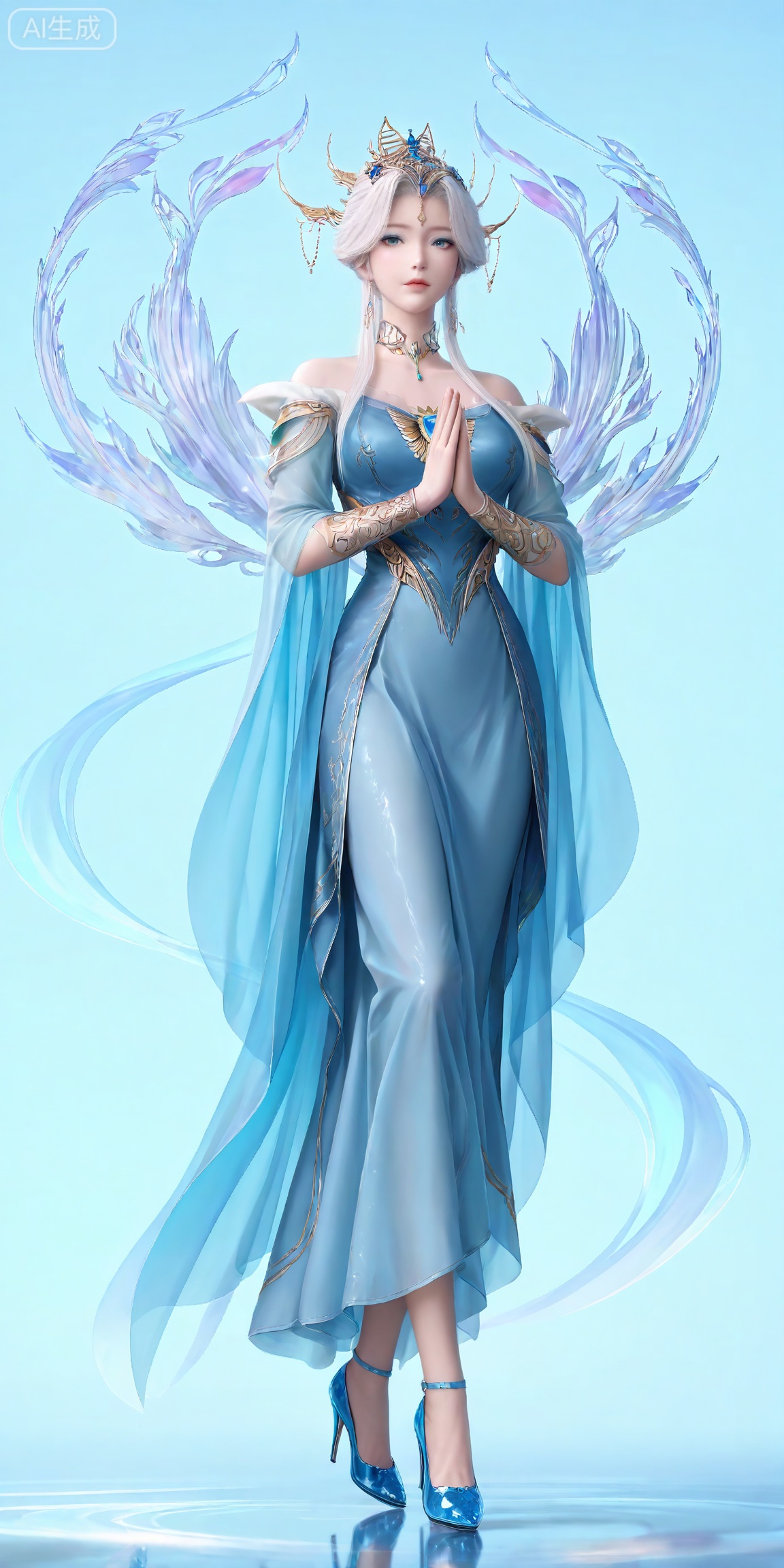 masterpiece,high quality,tall,game cg,highres,(soft light:1.2),white_skin,(shiny_skin:0.6),(realistic:1.1),,lvjing,,
nangongxianyin, 1girl, solo, dress, full body, high heels, blue dress, jewelry, bare shoulders, blue background, own hands together, blue footwear, standing, looking at viewer, hair ornament, white hair, blue eyes, breasts, long hair, reflection, tiara

