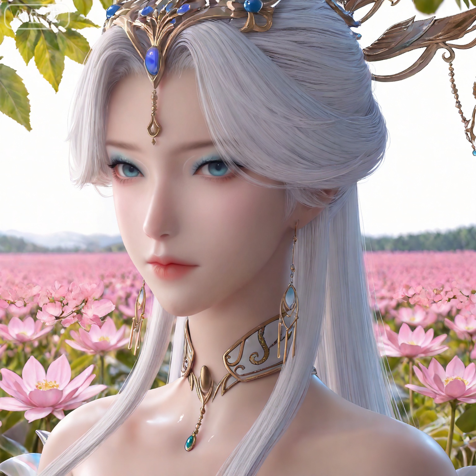 masterpiece,high quality,tall,game cg,highres,(soft light:1.2),white_skin,(shiny_skin:0.6),(realistic:1.1),,lvjing,,nangongxianyin,1girl,solo,jewelry,earrings,white hair,hair ornament,blue eyes,portrait,bare shoulders,closed mouth,makeup,long hair,looking at viewer,white_background,simple background,flower field,flower,day,


