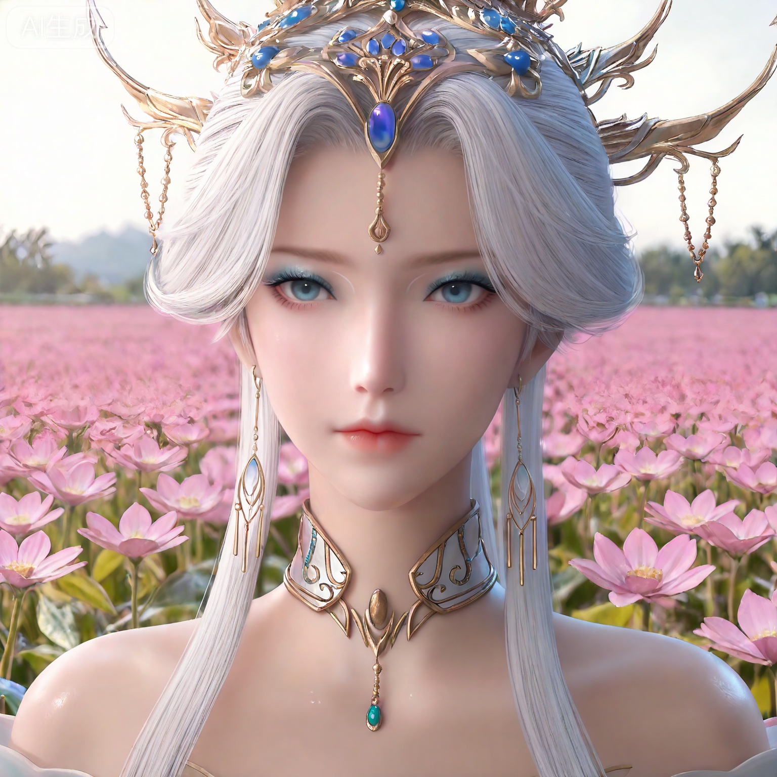 masterpiece,high quality,tall,game cg,highres,(soft light:1.2),white_skin,(shiny_skin:0.6),(realistic:1.1),,lvjing,,nangongxianyin,1girl,solo,jewelry,earrings,white hair,hair ornament,blue eyes,portrait,bare shoulders,closed mouth,makeup,long hair,looking at viewer,white_background,simple background,flower field,flower,day,


