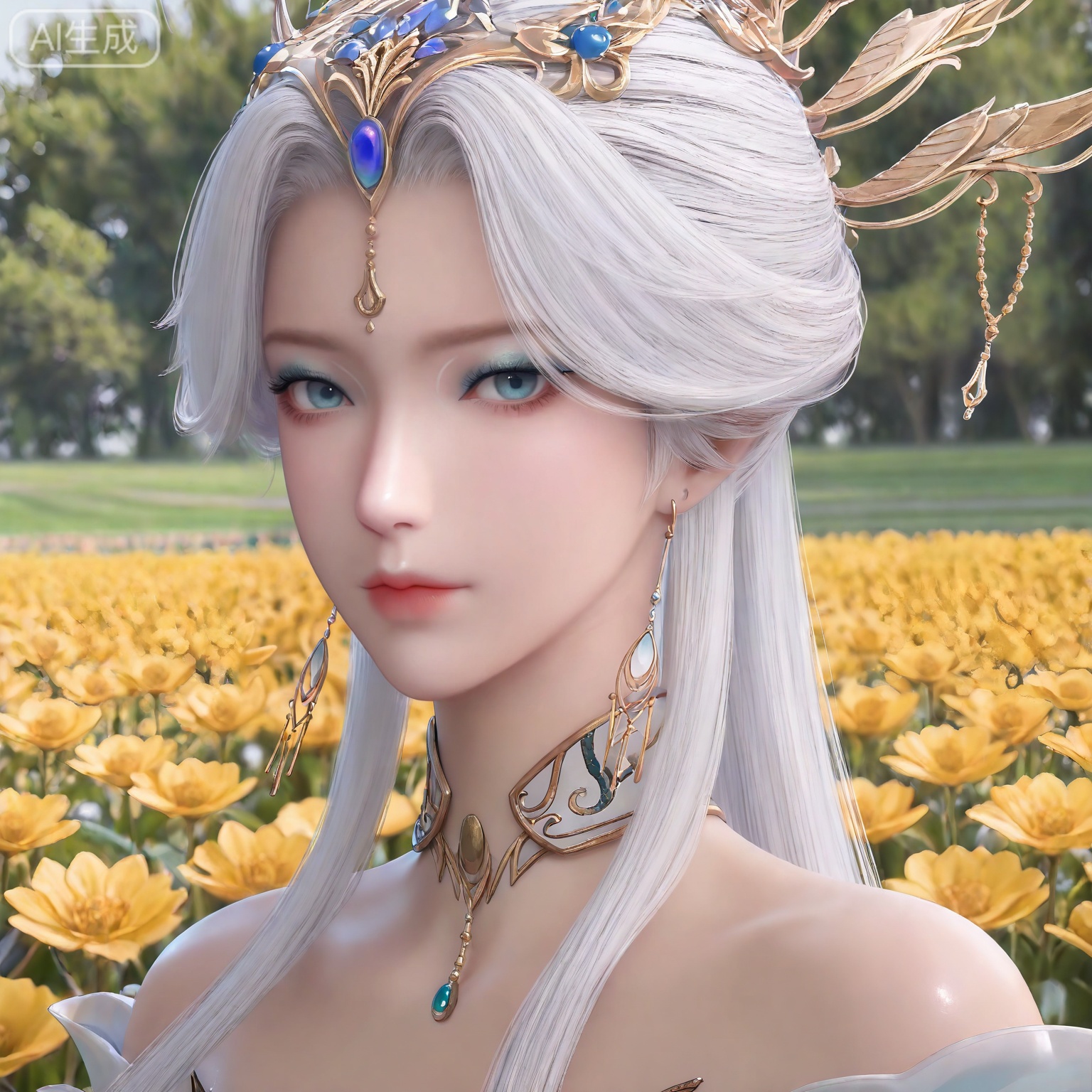 masterpiece,high quality,tall,game cg,highres,(soft light:1.2),white_skin,(shiny_skin:0.6),(realistic:1.1),,lvjing,,nangongxianyin,1girl,solo,jewelry,earrings,white hair,hair ornament,blue eyes,portrait,bare shoulders,closed mouth,makeup,long hair,looking at viewer,white_background,simple background,flower field,flower,day,

