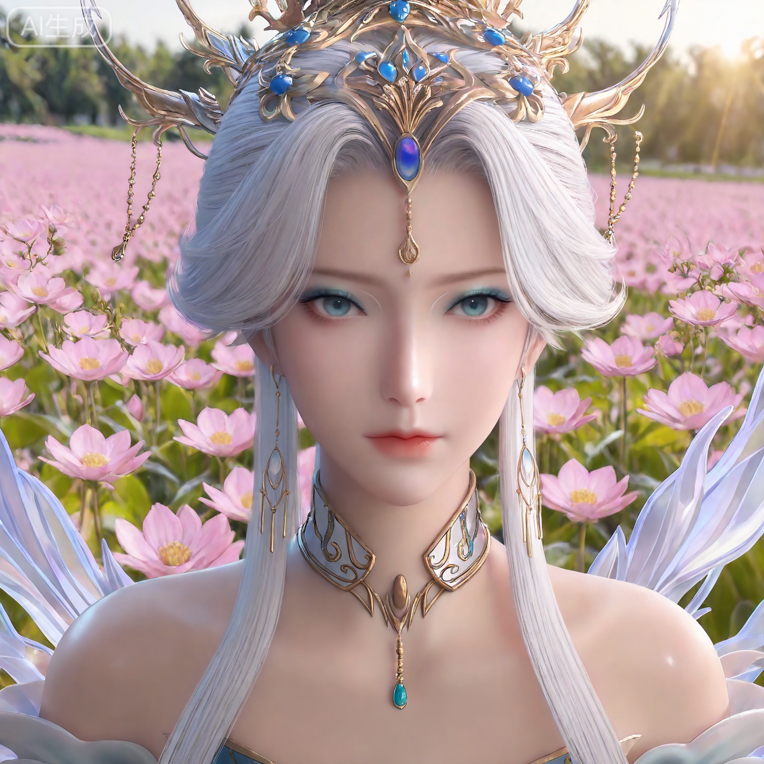 masterpiece,high quality,tall,game cg,highres,(soft light:1.2),white_skin,(shiny_skin:0.6),(realistic:1.1),,lvjing,,nangongxianyin,1girl,solo,jewelry,earrings,white hair,hair ornament,blue eyes,portrait,bare shoulders,closed mouth,makeup,long hair,looking at viewer,white_background,simple background,flower field,flower,day,

