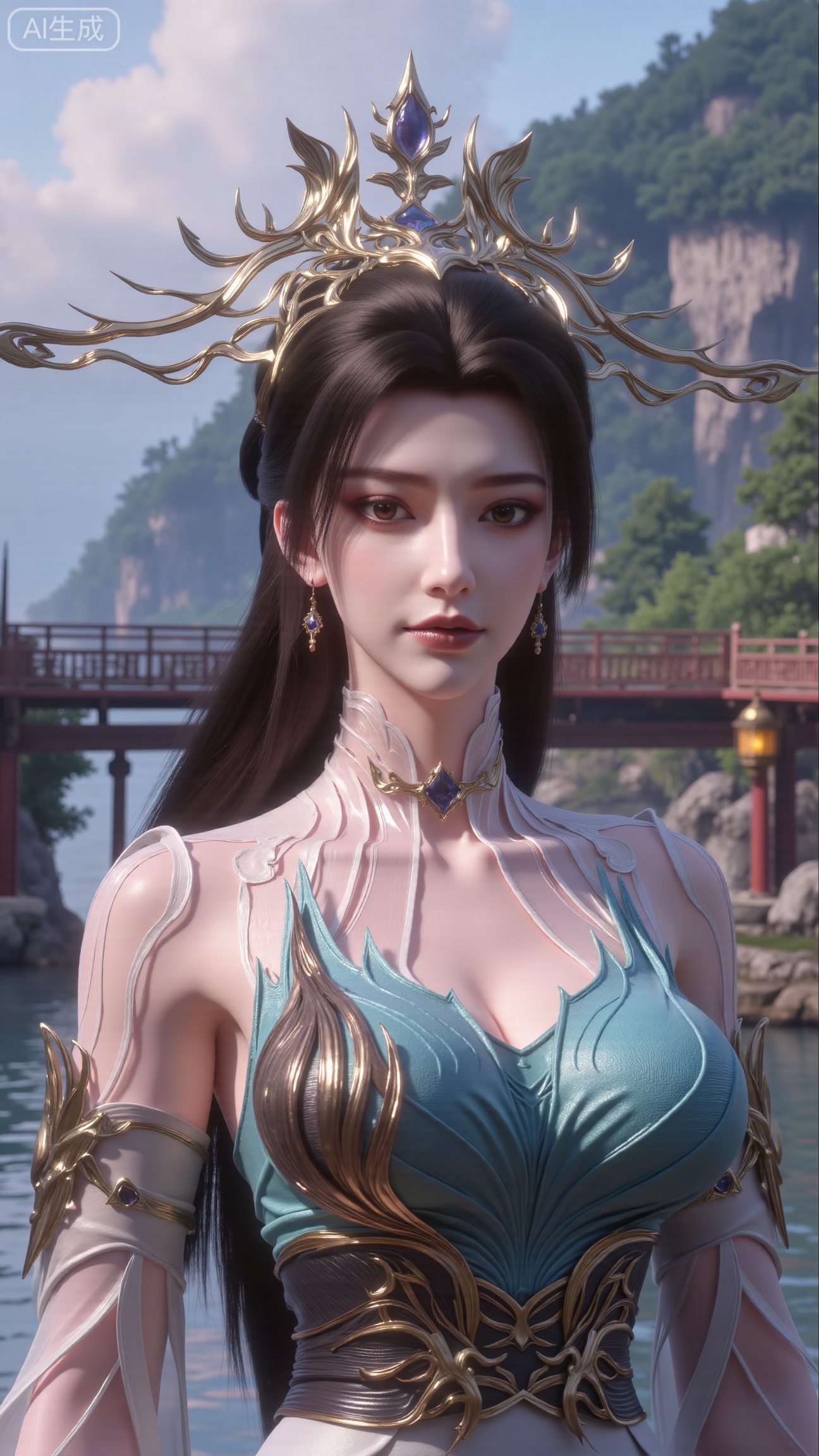 (masterpiece, best quality:1.2),1 girl, solo, long hair, black hair, hair accessories, clothing, cleavage cuts, long dress, jewelry, upper body, earrings. Background is outdoor, sky, clouds, water, trees, architecture, landscape, lantern, mountain, dragon, architecture, bridge, east Asian architecture, fog, pagoda,,(huge breasts:2.99),(full breasts:2.99),,Xbigbreasts,XbaifengsongyuYH,XliuyuYH2,XanmyXM,XxuanyYH,XruotianzhuqueG,XxuanyiYH,XPolaroidFilmStyle,XtianqiongX,Xqingluo2,XyuqinH