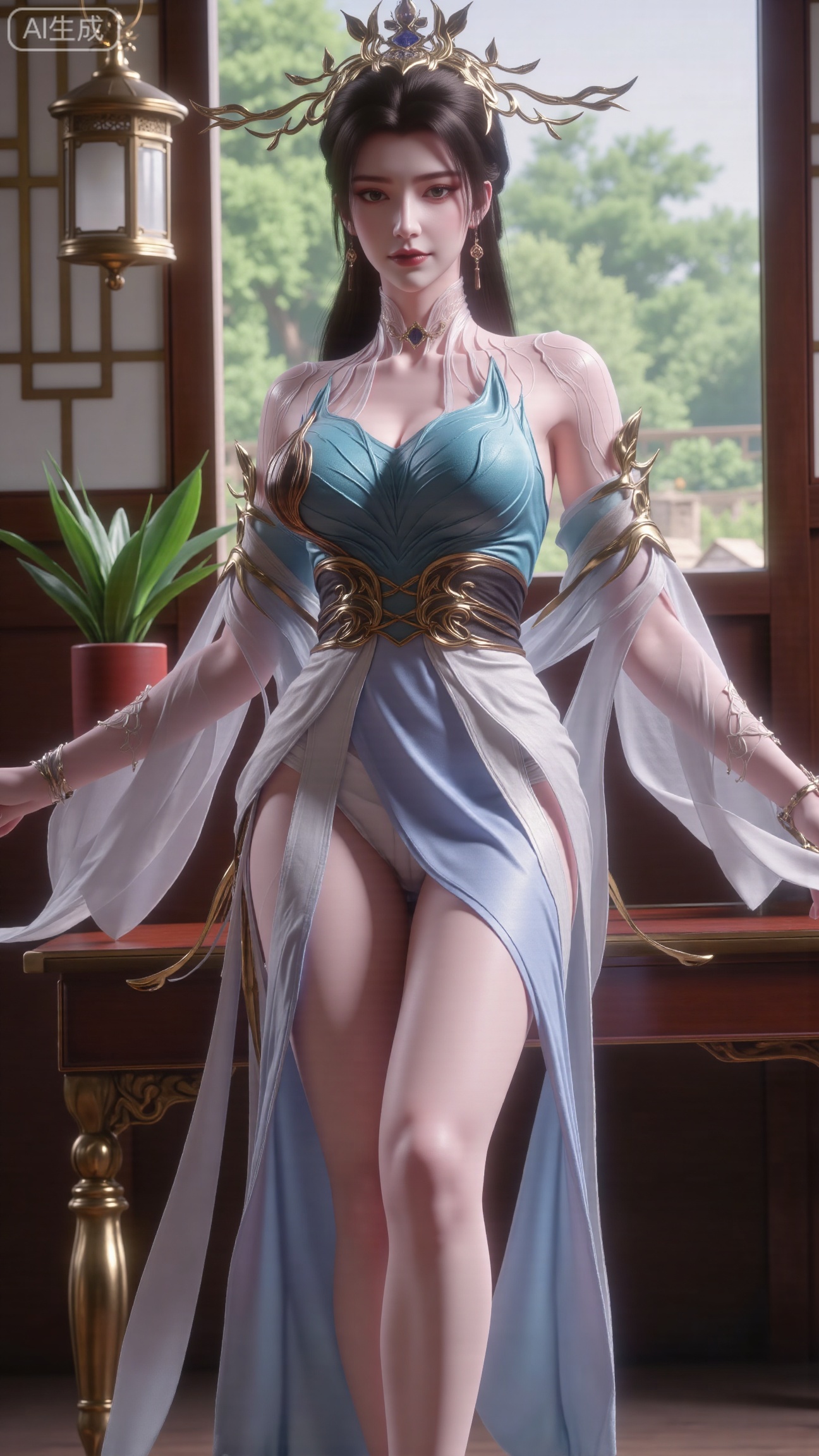 (masterpiece, best quality:1.2),indoors,window,traditional lantern,bare legs,potted plants, long legs,dress,blurry background,motion blur,full body,legs,beautiful detailed eyes,legs,breasts,Detailed eyes,CG rendering,8K resolution,8K quality,Volume light,room,forest,(huge breasts:2.99),(full breasts:2.99),,Xbigbreasts,XbaifengsongyuYH,XliuyuYH2,XanmyXM,XxuanyYH,XruotianzhuqueG,XxuanyiYH,XPolaroidFilmStyle,XtianqiongX,Xqingluo2,XyuqinH