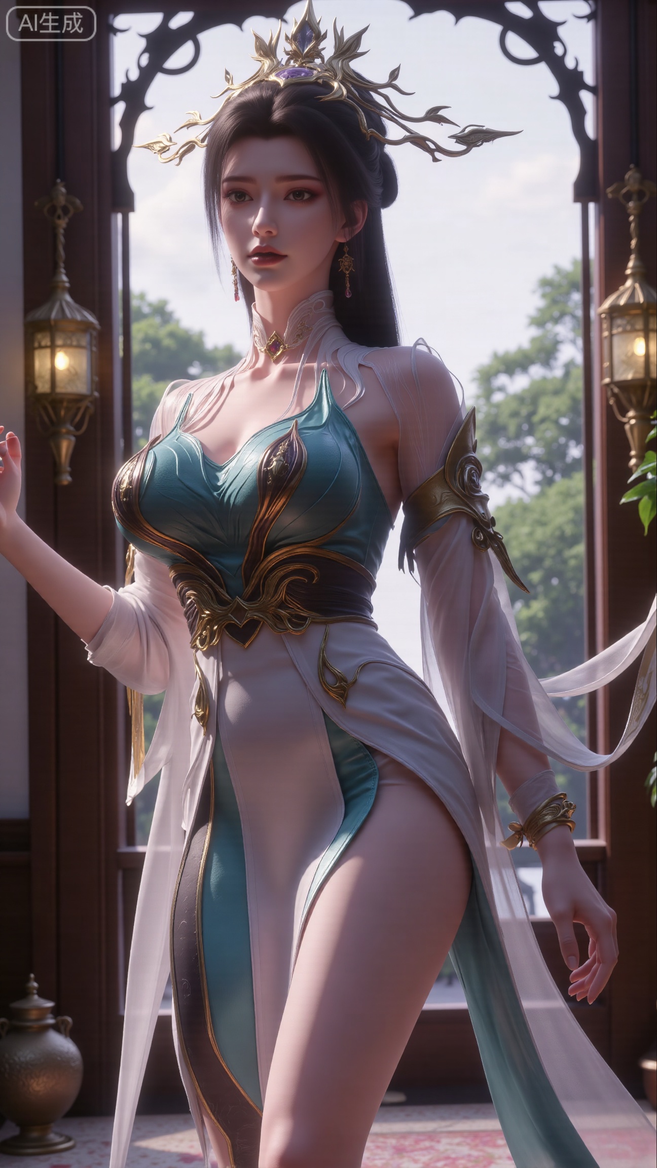 (masterpiece, best quality:1.2),indoors,window,traditional lantern,bare legs,potted plants, long legs,dress,blurry background,motion blur,full body,legs,beautiful detailed eyes,legs,breasts,Detailed eyes,CG rendering,8K resolution,8K quality,Volume light,room,forest,(huge breasts:2.99),(full breasts:2.99),,Xbigbreasts,XbaifengsongyuYH,XliuyuYH2,XanmyXM,XxuanyYH,XruotianzhuqueG,XxuanyiYH,XPolaroidFilmStyle,XtianqiongX,Xqingluo2,XyuqinH