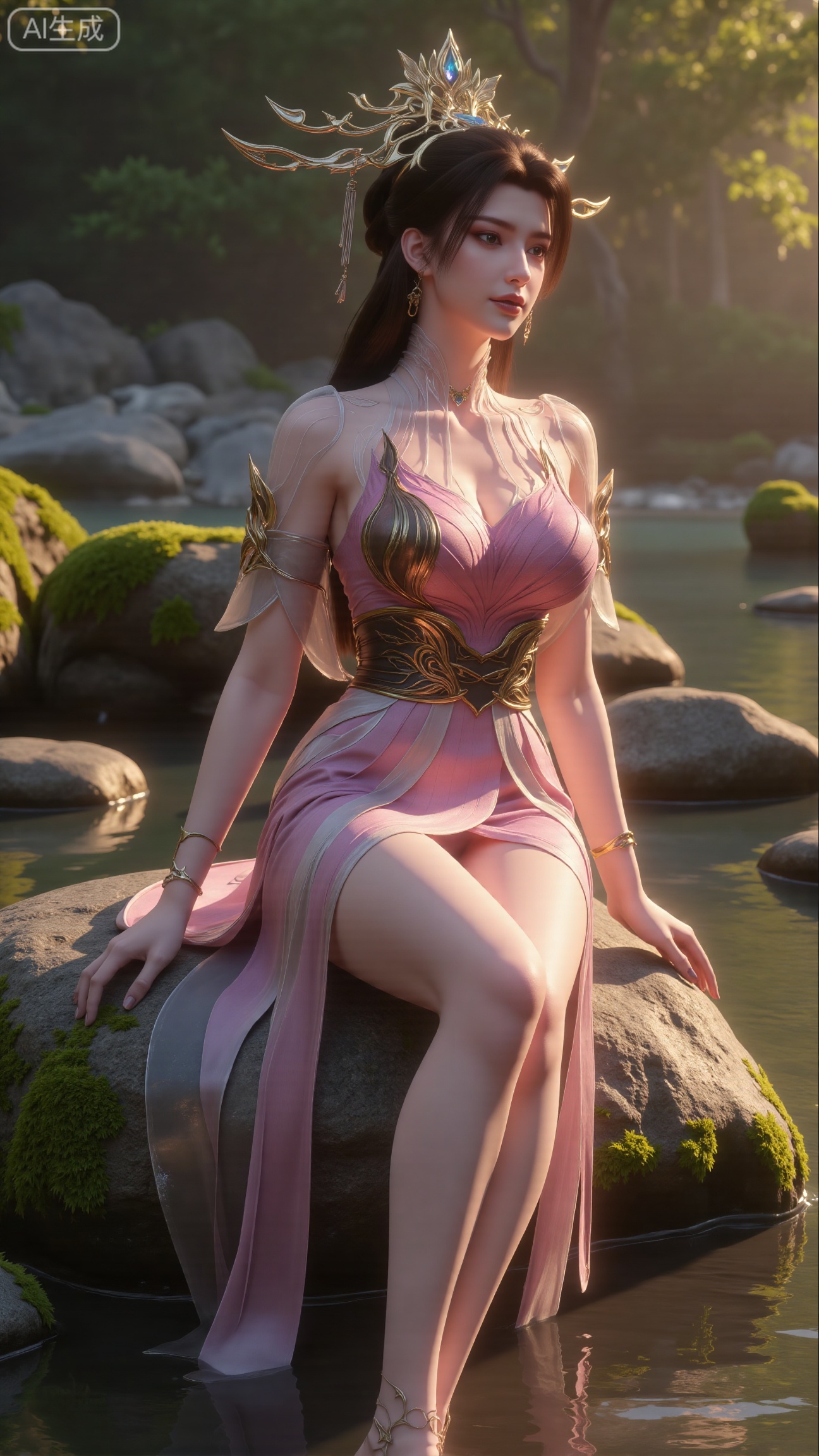 (masterpiece:1.3), ultra-detailed, 8k, photorealistic, best quality, cinematic lighting, volumetric sunlight, soft shadows, subsurface scattering, depth of field, A stunning young woman sits gracefully barefoot on a moss-covered rock beside a crystal-clear stream in a tranquil forest. The sunlight filters through the trees, casting dappled golden light on her smooth skin and the rippling water. She wears an exquisite long dress with fine pink and gold embroidery across the chest and short sleeves. Her long, dark hair flows naturally over her shoulders, softly illuminated by the warm light. Her bare feet touch the cool moss and shallow water, adding a sense of intimacy and realism. One hand rests gently on her hip, while the other holds a blooming lotus flower, her expression calm and serene. Mist rises gently from the water, with reflections dancing on the surface, creating a peaceful, ethereal atmosphere. (background with mossy stones, flowing stream, forest sunlight, soft haze, and gentle reflections:1.6), (realistic skin texture:1.3), (natural color tones:1.3), (film look:1.2) (huge breasts:2.99),(full breasts:2.99),,Xbigbreasts,XbaifengsongyuYH,XliuyuYH2,XanmyXM,XxuanyYH,XruotianzhuqueG,XxuanyiYH,XPolaroidFilmStyle,XtianqiongX,Xqingluo2,XyuqinH