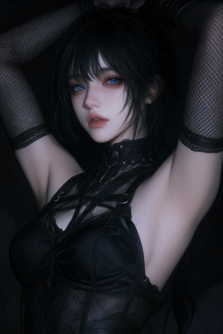 A portrait of a pale young woman with short,  tousled black hair and striking blue eyes,  posing with her arms lifted behi...