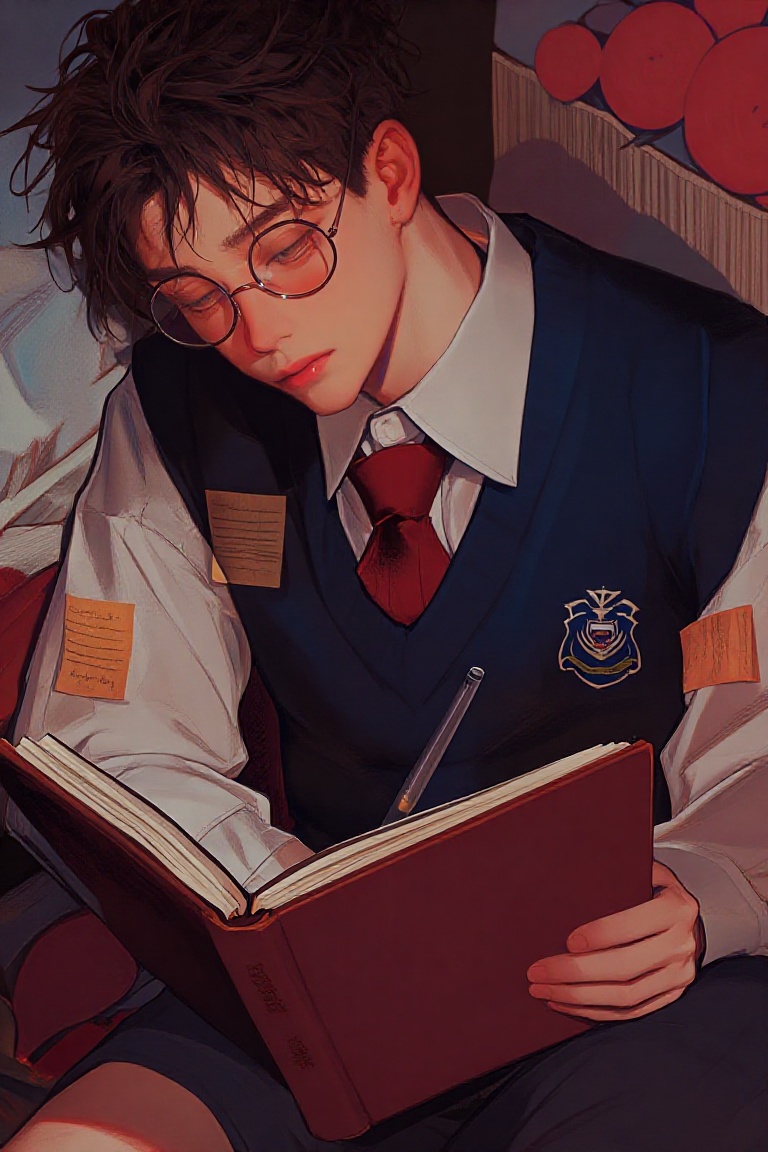 A weary student with messy brown hair and round wire-rimmed glasses sits huddled in a corner,  holding a red notebook. She...
