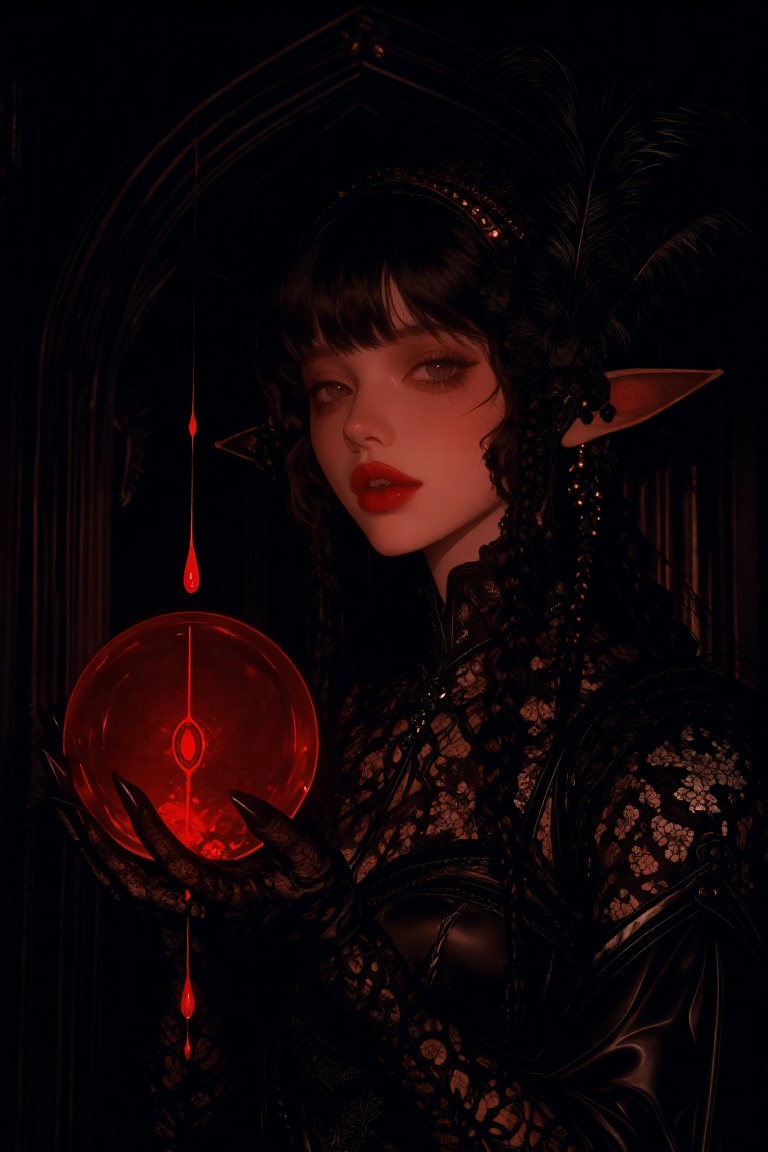 A bewitching gothic sorceress holding a glowing red sphere,  with droplets of crimson liquid floating magically in the air...