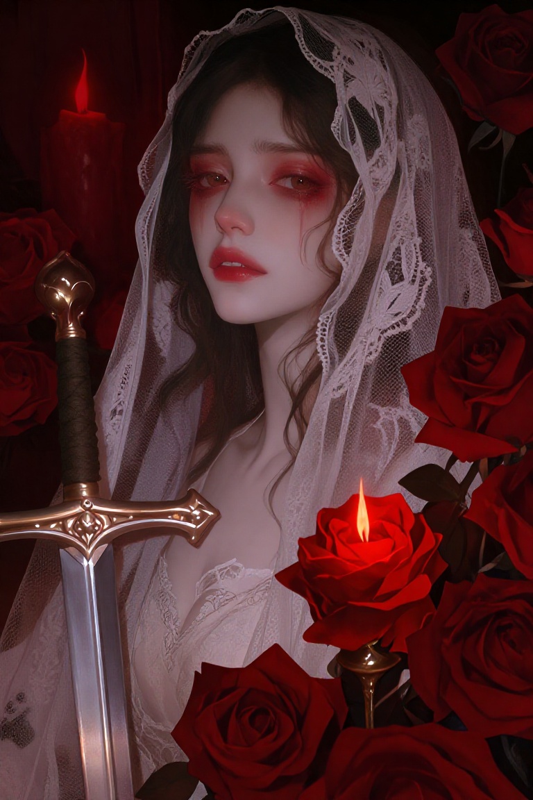 A haunting gothic masterpiece of a pale woman with teary,  red-rimmed eyes wearing a delicate white lace veil. She stands...