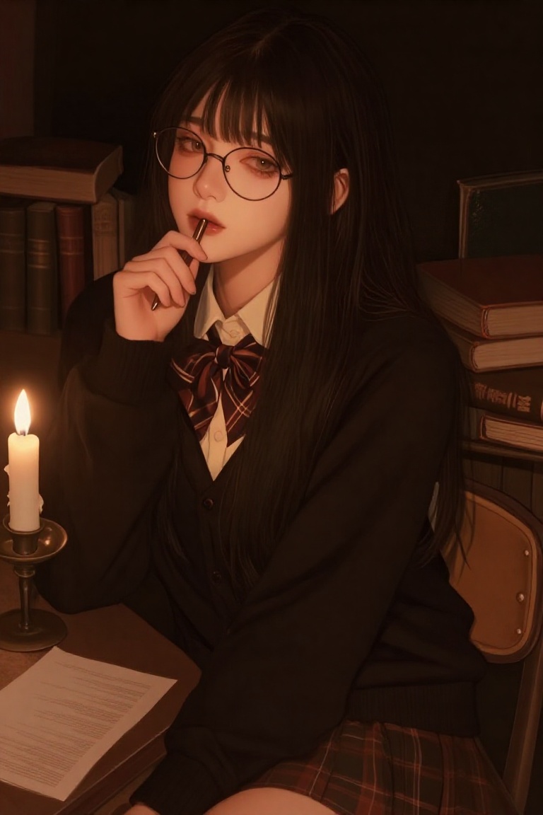 A cozy,  dark academia portrait of a young woman with dark bangs and glasses sitting at a wooden desk. She holds a pen nea...