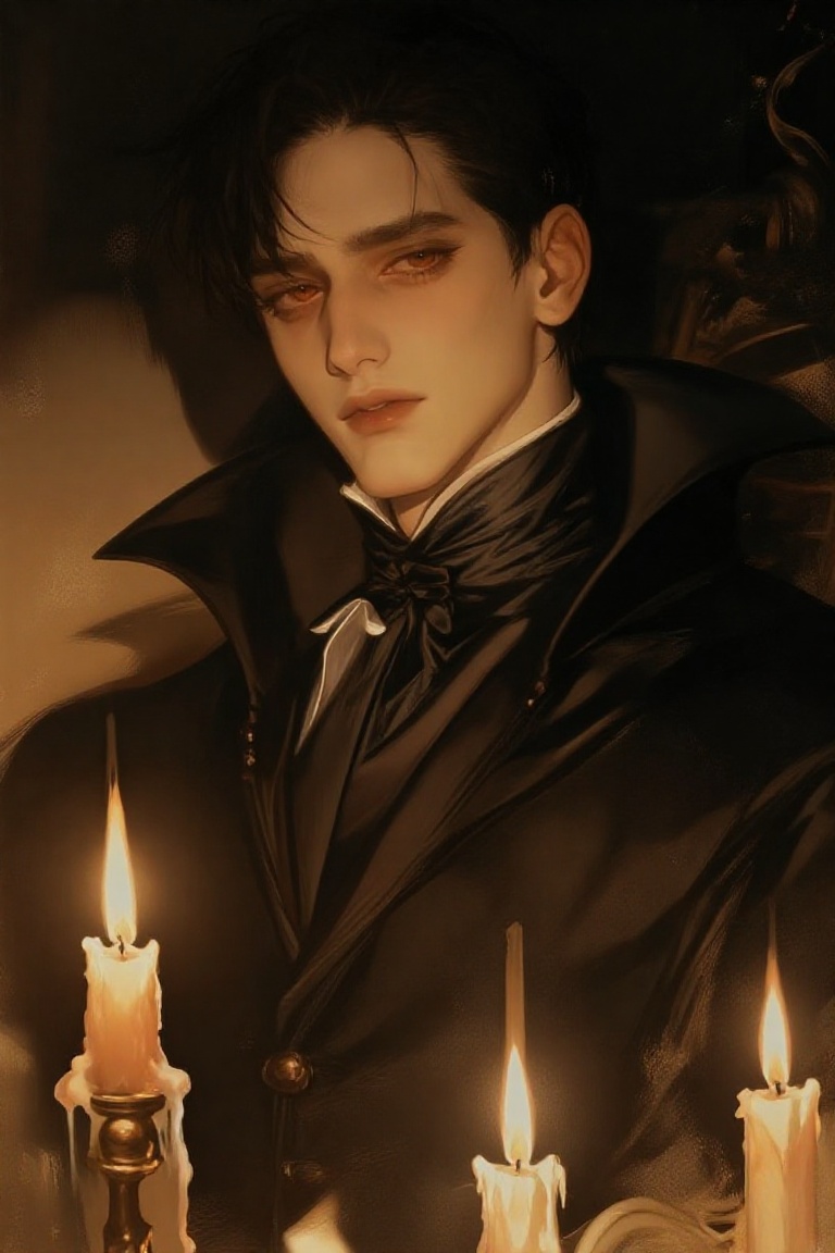 A romantic gothic portrait of a handsome nobleman surrounded by melting candles. He wears a high-collared black cloak and...