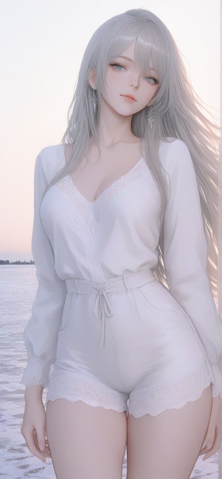 A Ukraine girl with flowing hair and grey eyes stands,  looking directly at the viewer with a serene and expressive gaze....
