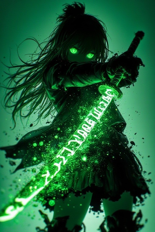 cyber samurai anime girl,  glowing green katana,  glitch particles breaking the body on Tensor.Art