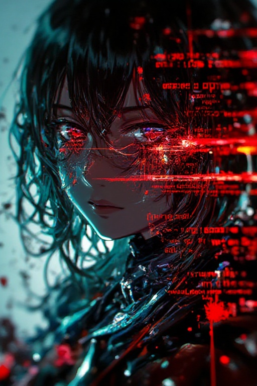 anime girl portrait split by neon colors,  glitch cracks,  cybernetic eye on Tensor.Art