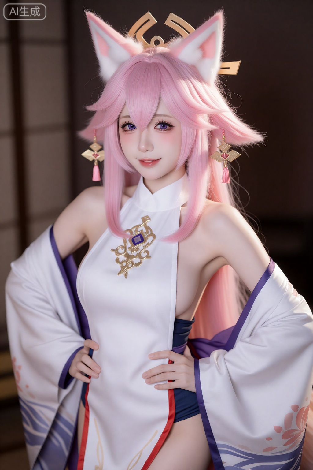 1girl, solo, long hair, breasts, looking at viewer, blush, smile, open mouth, bangs, shirt, hair ornament, long sleeves, animal ears, hair between eyes, bare shoulders, jewelry, purple eyes, tail, white shirt, pink hair, sidelocks, earrings, detached sleeves, japanese clothes, wide sleeves, hand on hip, fox ears, fox tail, floral print, fox girl, low-tied long hair, nontraditional miko, yae miko