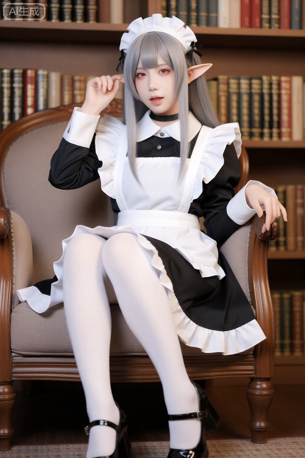 1girl,red eyes,maid,maid headdress,shoes,pointy ears,grey hair,solo,duster,black dress,dress,white pantyhose,pantyhose,long hair,black footwear,frills,apron,long sleeves,armchair,thighband pantyhose,looking at viewer,very long hair,sitting,white apron,puffy sleeves,holding,ahoge,frilled dress,juliet sleeves,hair between eyes,chair,frilled apron,foot out of frame,indoors,mary janes,frilled sleeves,knee up,maid apron,wide sleeves,open mouth,enmaided,on chair,black choker,bookshelf,:o,couch,