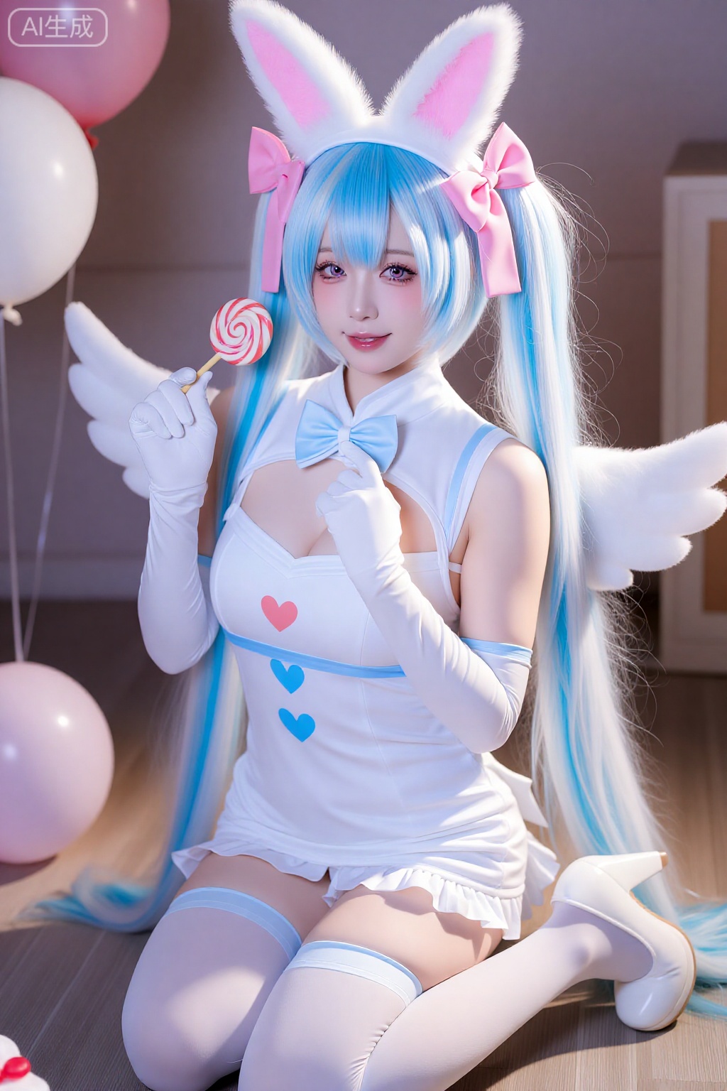 1girl, solo, looking at viewer, smile, open mouth, bangs, thighhighs, gloves, long sleeves, hat, dress, bow, holding, animal ears, twintails, blue hair, white hair, :d, heart, multicolored hair, food, wings, puffy sleeves, white gloves, pink eyes, rabbit ears, high heels, low twintails, white headwear, holding food, pink bow, candy, lollipop, balloon, holding candy