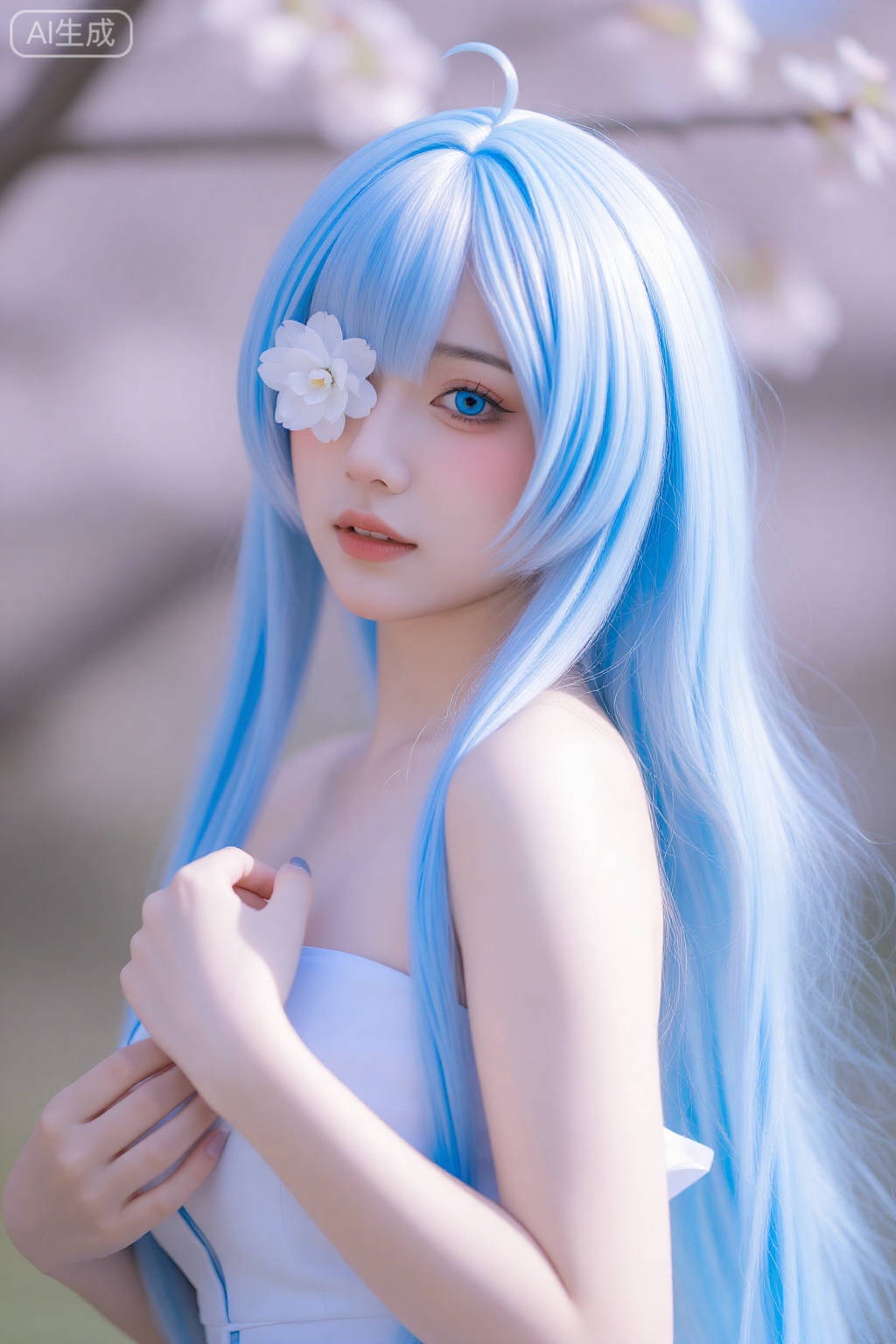 1girl, solo, long hair, breasts, looking at viewer, bangs, blue eyes, dress, holding, hair between eyes, bare shoulders, blue hair, upper body, flower, ahoge, white hair, multicolored hair, parted lips, detached sleeves, nail polish, white dress, hair over one eye, petals, strapless, detached collar, cherry blossoms, strapless dress, blue nails