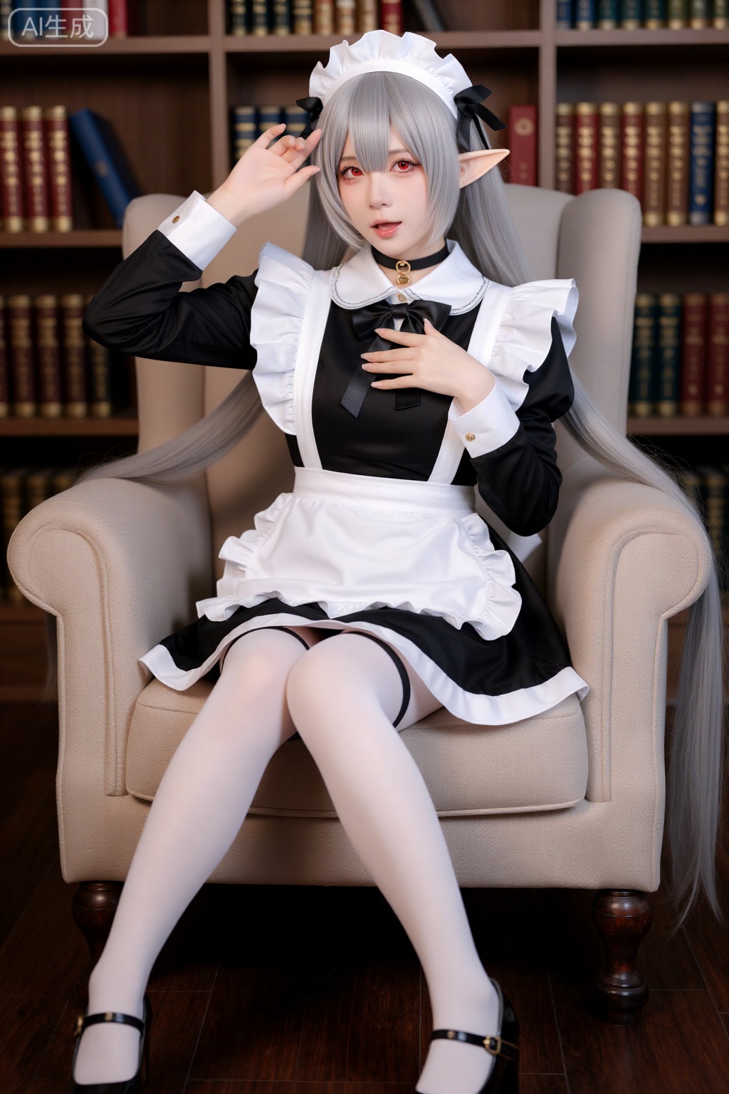 1girl,red eyes,maid,maid headdress,shoes,pointy ears,grey hair,solo,duster,black dress,dress,white pantyhose,pantyhose,long hair,black footwear,frills,apron,long sleeves,armchair,thighband pantyhose,looking at viewer,very long hair,sitting,white apron,puffy sleeves,holding,ahoge,frilled dress,juliet sleeves,hair between eyes,chair,frilled apron,foot out of frame,indoors,mary janes,frilled sleeves,knee up,maid apron,wide sleeves,open mouth,enmaided,on chair,black choker,bookshelf,:o,couch,