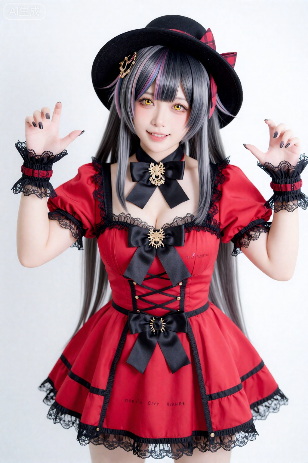 1girl, virtual youtuber, dress, split-color hair, shiori novella, red dress, black hair, yellow eyes, hat, multicolored hair, solo, smile, grey hair, hair ornament, black headwear, white background, long hair, looking at viewer, wrist cuffs, lace, short sleeves, simple background, black nails, open mouth, two-tone hair, breasts, frills, copyright notice, corset, lace trim, puffy short sleeves, teeth, jewelry, large breasts, bow, hairclip, black bowtie, frilled dress, plaid headwear, bowtie, black bow, nail polish, company name, hands up 