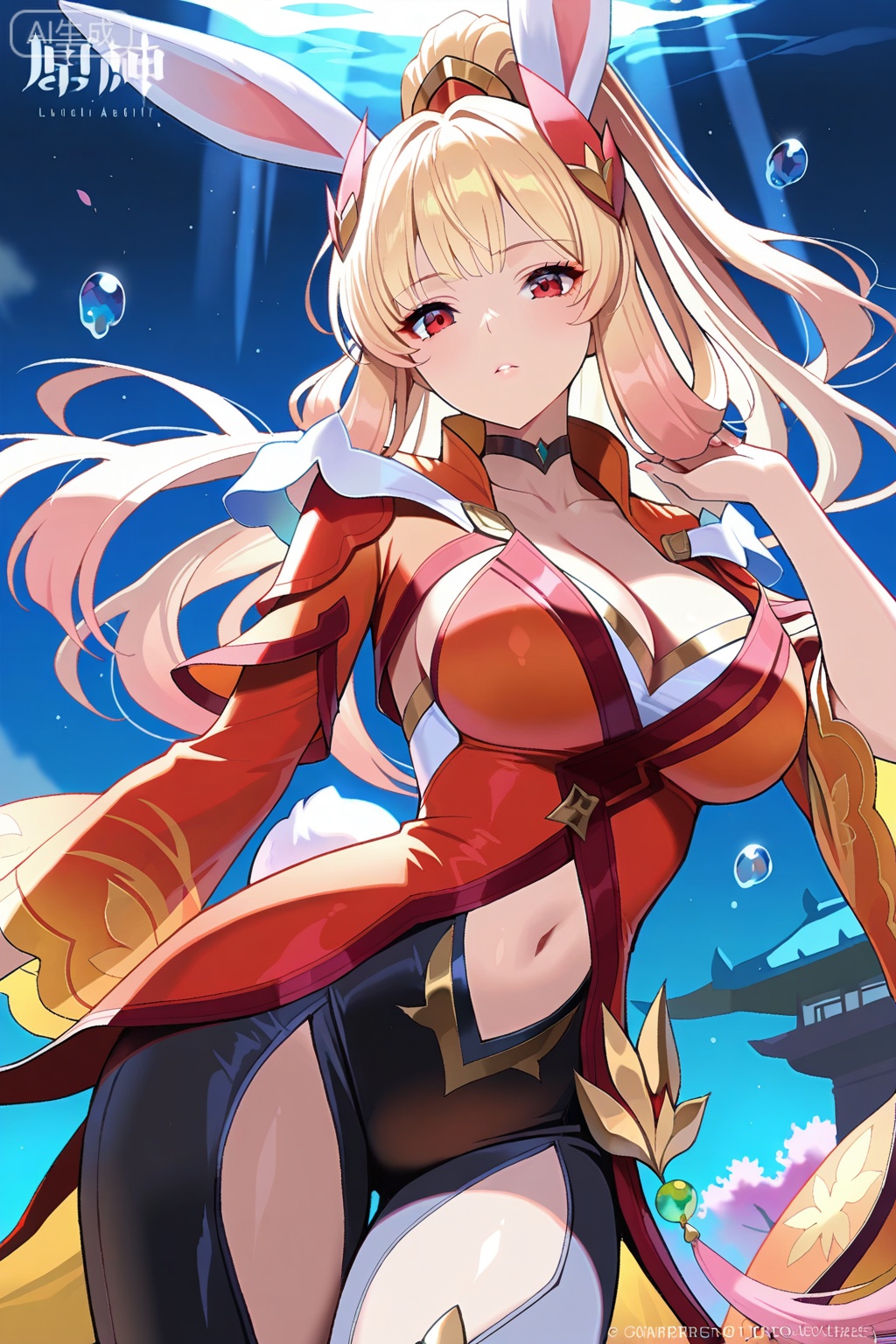 公孙离,masterpiece,best quality,official art,extremely detailed CG unity 8k wallpaper,1girl, solo, long hair, breasts, looking at viewer, bangs, blonde hair, large breasts, red eyes, long sleeves, navel, animal ears, cleavage, collarbone, tail, ponytail, thighs,  choker, pants, stomach, rabbit ears,  clothing cutout, black choker, black pants, high ponytail, rabbit tail, navel cutout
