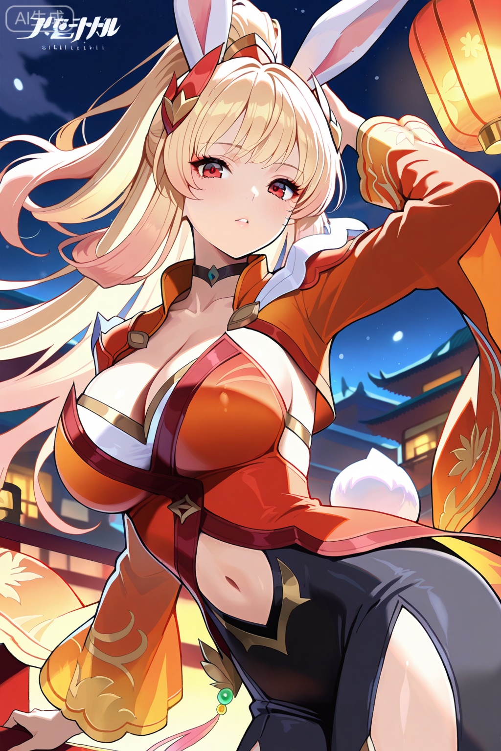 公孙离,masterpiece,best quality,official art,extremely detailed CG unity 8k wallpaper,1girl, solo, long hair, breasts, looking at viewer, bangs, blonde hair, large breasts, red eyes, long sleeves, navel, animal ears, cleavage, collarbone, tail, ponytail, thighs,  choker, pants, stomach, rabbit ears,  clothing cutout, black choker, black pants, high ponytail, rabbit tail, navel cutout