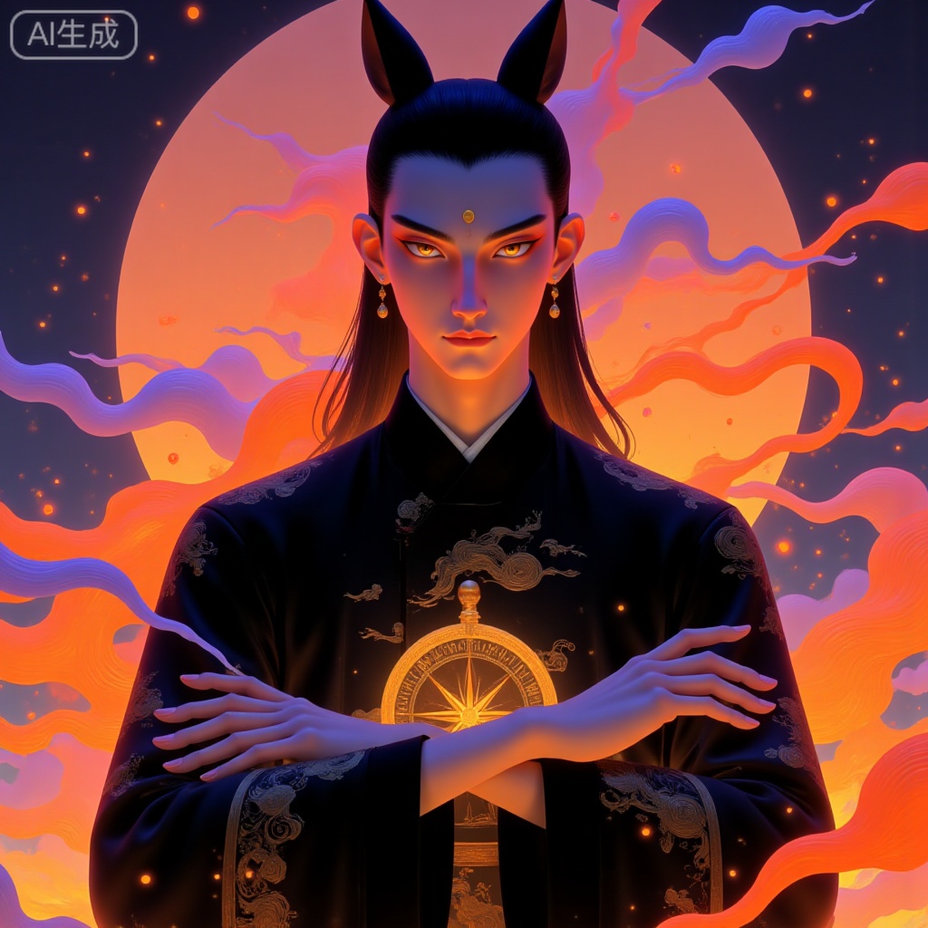 A digital artwork depicting a solemn, mystical figure of a man with a golden glow of skin, short braided brown hair and cat-like slanted eyes. Dressed in dark silk Tang suit with golden cloud patterns, this image has a firm expression, arms crossed over the chest, holding a bronze compass. The vivid rotating colors of orange, gold and purple form a starry background. Its style has a fantasy theme. The whole character is surrounded by golden dust. There is a sacred atmosphere. The air is dotted with floating rune particles. It is high-definition, dreamy and ethereal.
