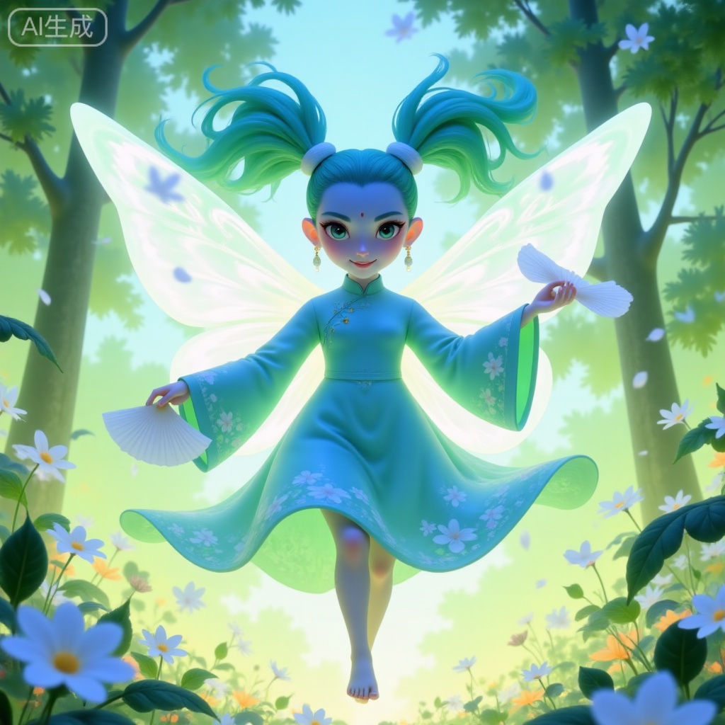 A digital artwork depicting a lively, enchanting figure of a girl with a cyan glow of skin, twin ponytails of mint green hair and butterfly-shaped transparent wings. Dressed in flowy cyan cheongsam with flower patterns, this image has a cheerful expression, feet hovering above the ground, hands waving a feather fan. The bright rotating colors of green, yellow and white form a forest background. Its style has a fantasy theme. The whole character is surrounded by cyan dewdrops. There is a lively atmosphere. The air is dotted with fluttering petal particles. It is high-definition, dreamy and ethereal.
