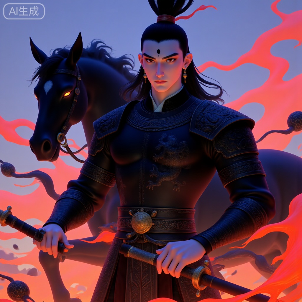 A full-body portrait of an Eastern warrior, with a black war horse beside him, featuring a short hair style with a red headband, thick sword-edge eyebrows, bronze hoop earrings, a black lightning mark on the forehead, wearing leather wrist guards, dressed in dark armor with dragon patterns, surrounded by surging (red, black, gold, etc.) fantasy elements that resemble flames and shield-shaped decorations, creating an overall atmosphere of heroism and Eastern martial flavor, with bold color contrasts, powerful visual impact and bold sense.
