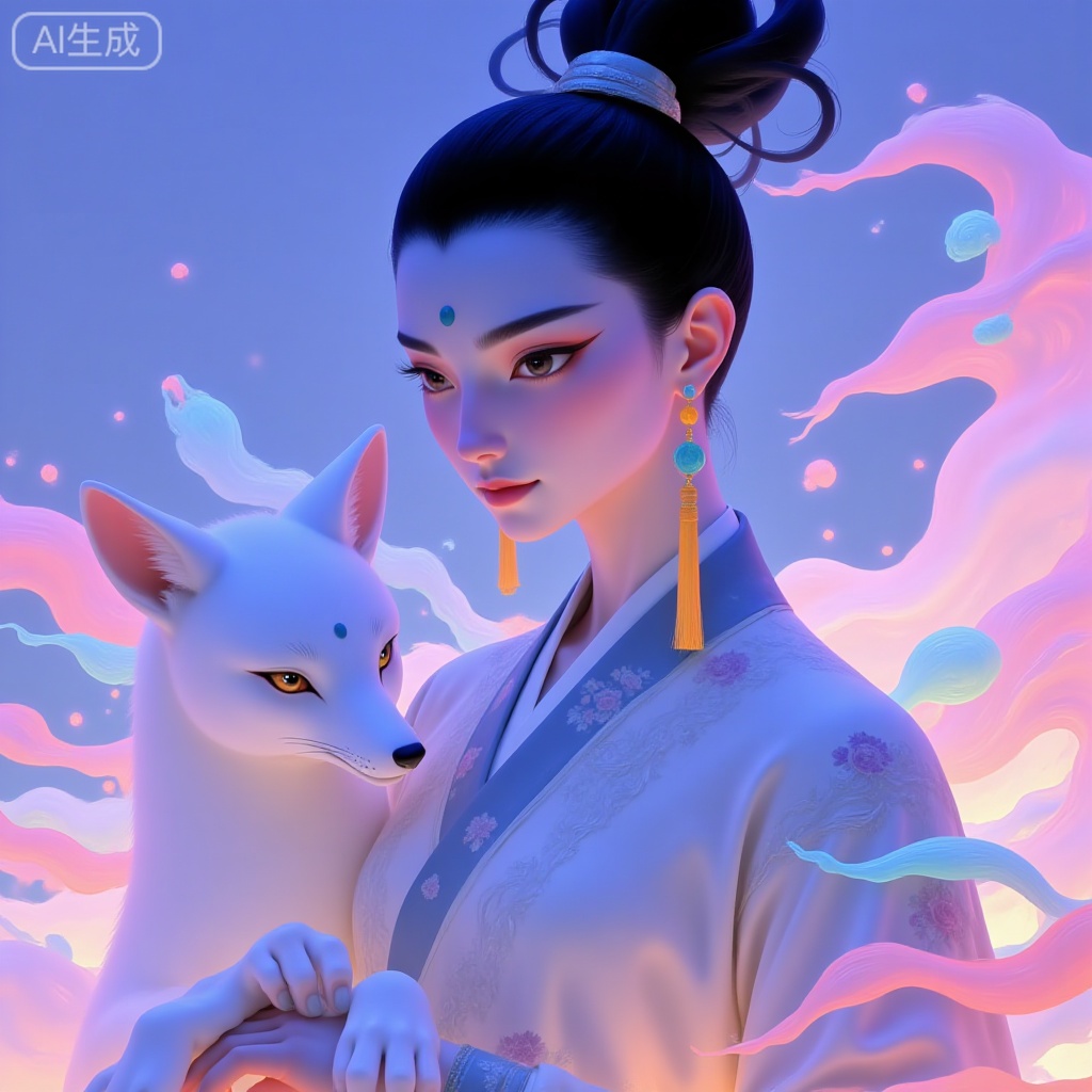 A full-body portrait of an Eastern woman, with a white fox beside her, featuring an elegant and twisted topknot hairstyle, curved willow-leaf eyebrows, golden tassel earrings, a blue flower mark on the forehead, wearing layered jade ornaments, dressed in flowing silk clothing with peony patterns, surrounded by glowing (pink, cyan, silver, etc.) fantasy elements that resemble starlight and petal-shaped decorations, creating an overall atmosphere of elegance and Eastern fairy-tale flavor, with soft color contrasts, gentle visual impact and poetic sense.
