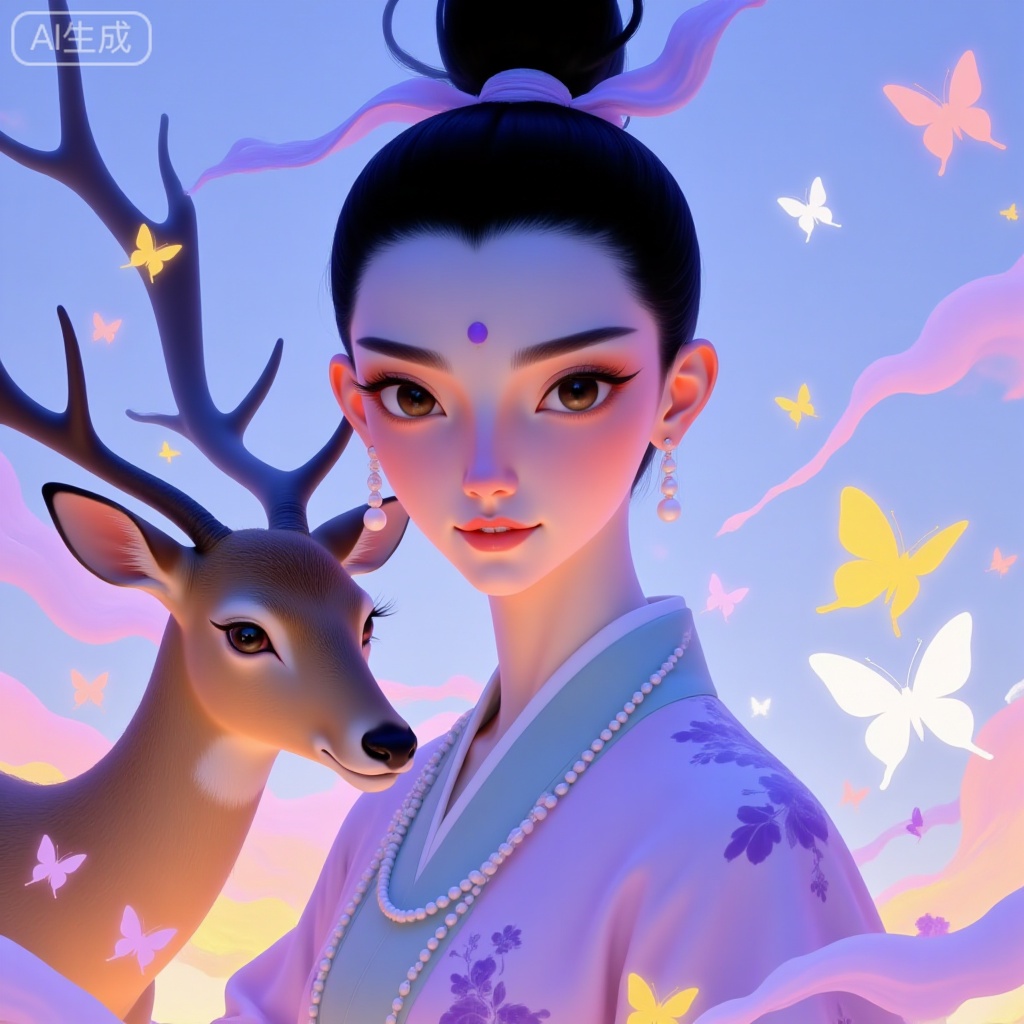A full-body portrait of an Eastern maiden, with a spotted deer beside her, featuring a double bun hairstyle tied with silk ribbons, round apricot-shaped eyebrows, pearl stud earrings, a purple plum blossom mark on the forehead, wearing beaded necklaces, dressed in pastel silk clothing with butterfly patterns, surrounded by sparkling (lavender, yellow, white, etc.) fantasy elements that resemble dew and butterfly-shaped decorations, creating an overall atmosphere of freshness and Eastern maiden flavor, with bright color contrasts, lively visual impact and sweet sense.
